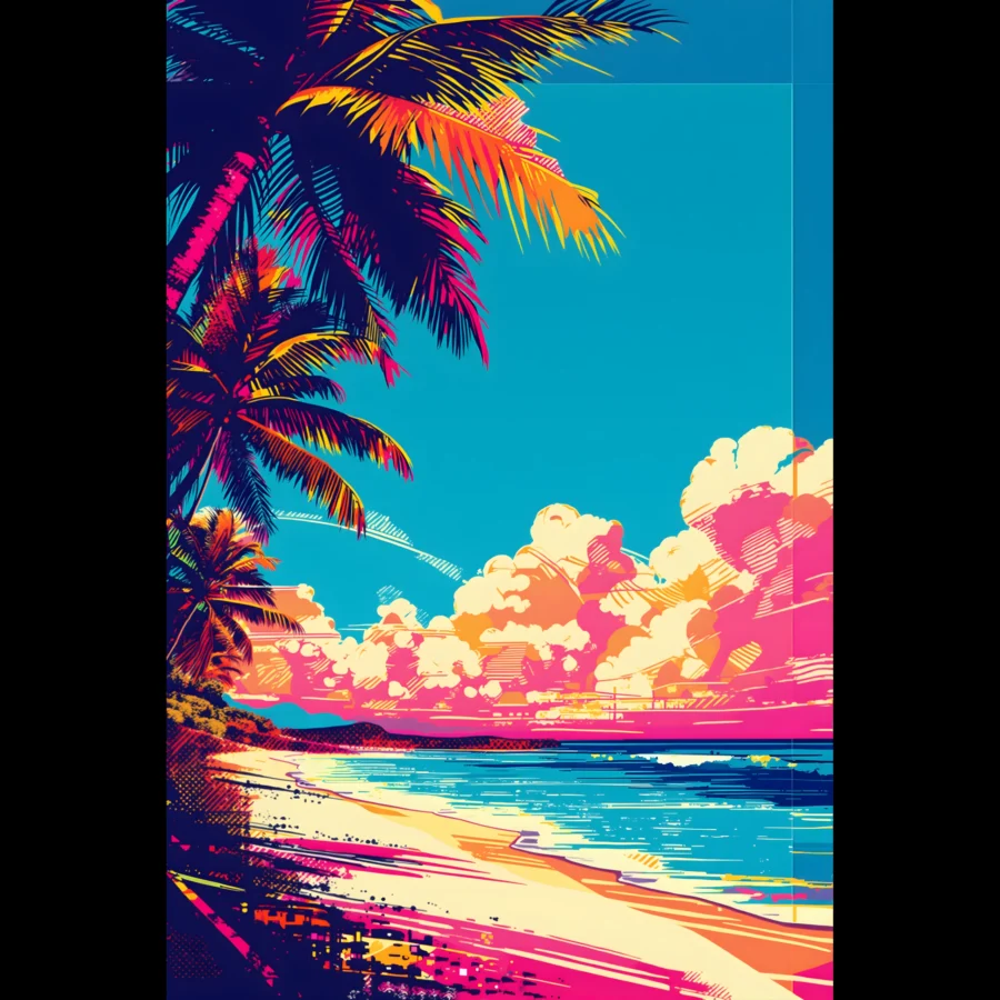 Tropical Beach Seascape wall art inspired by palm trees, coastal landscapes and open horizons. Printed and shipped within the EU.