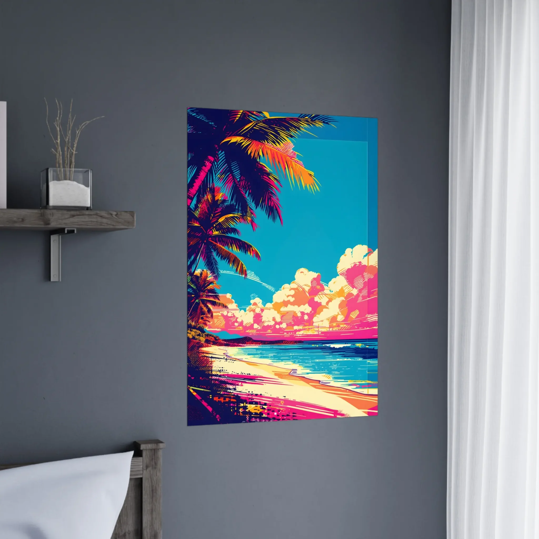 Tropical Beach Seascape wall art inspired by palm trees, coastal landscapes and open horizons. Printed and shipped within the EU.