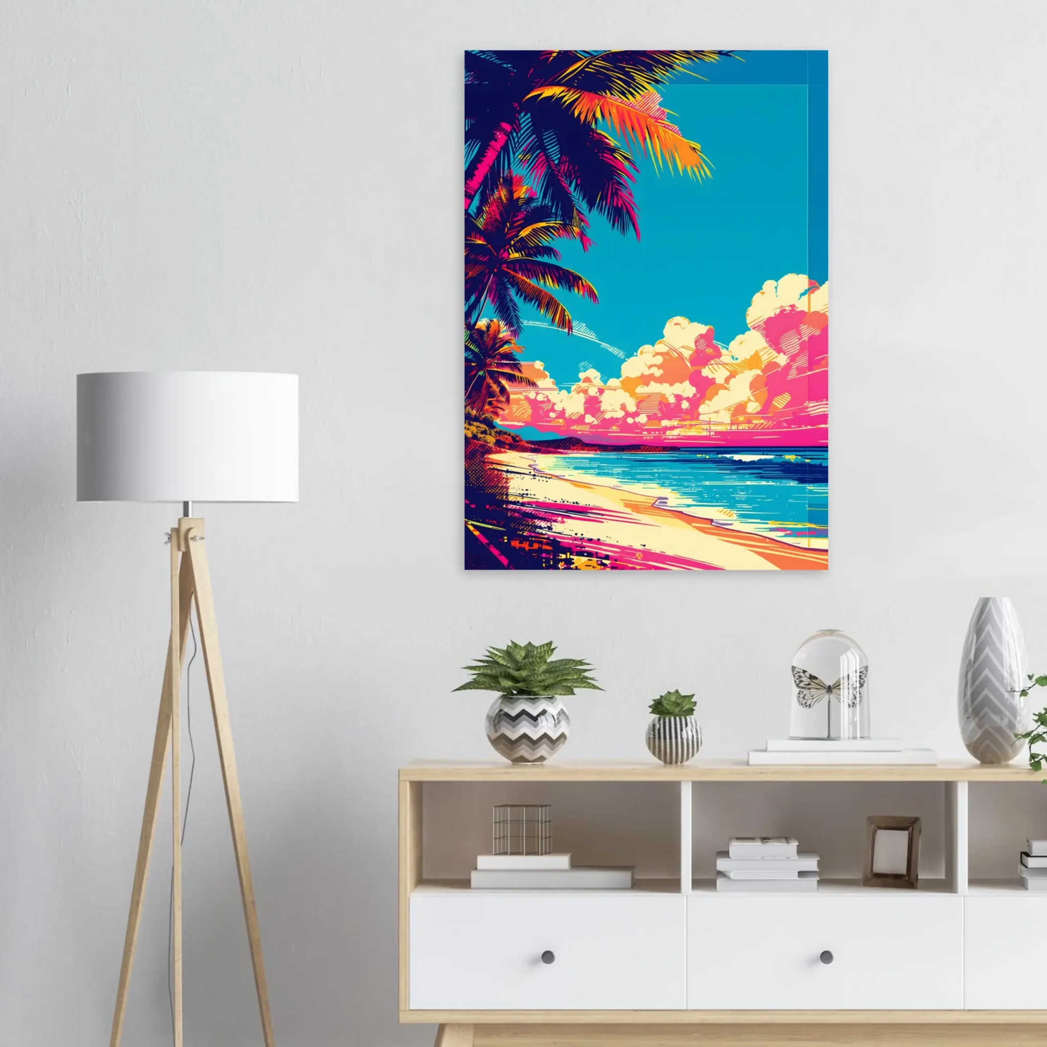 Tropical Beach Seascape wall art inspired by palm trees, coastal landscapes and open horizons. Printed and shipped within the EU.