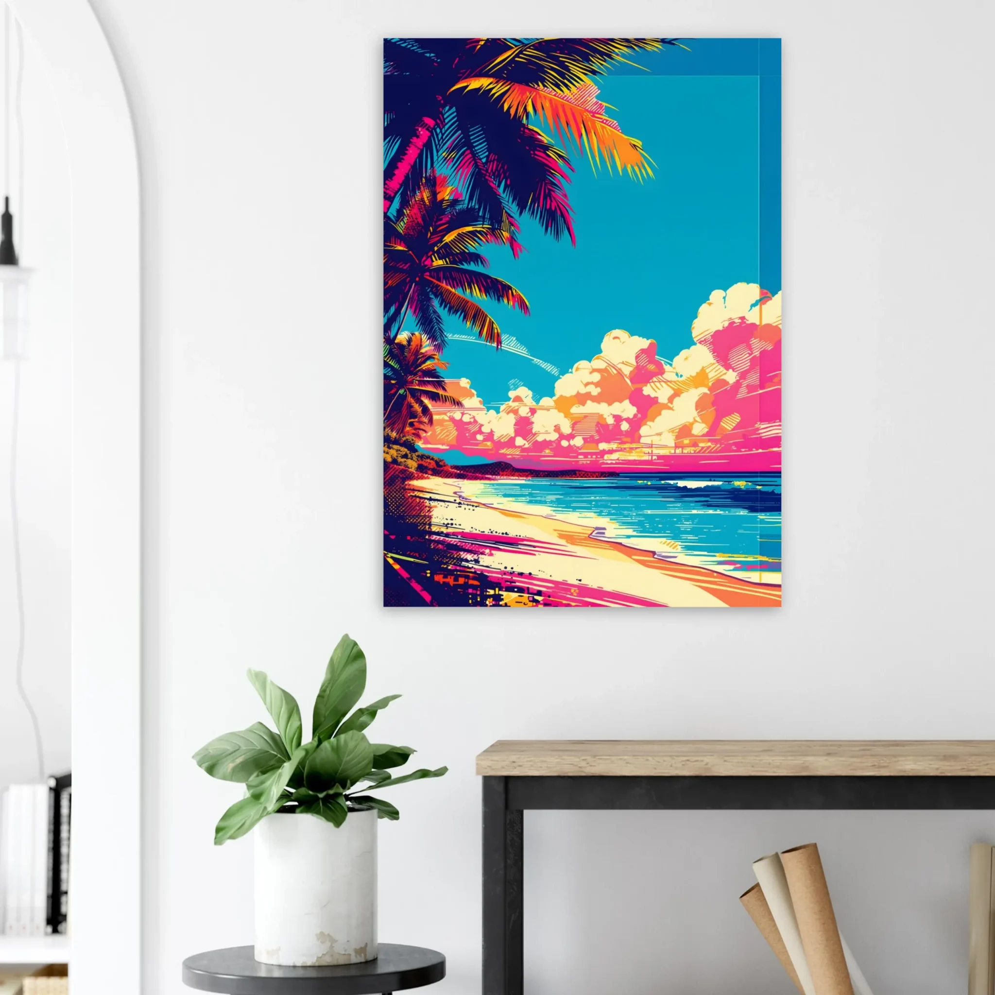 Tropical Beach Seascape wall art inspired by palm trees, coastal landscapes and open horizons. Printed and shipped within the EU.