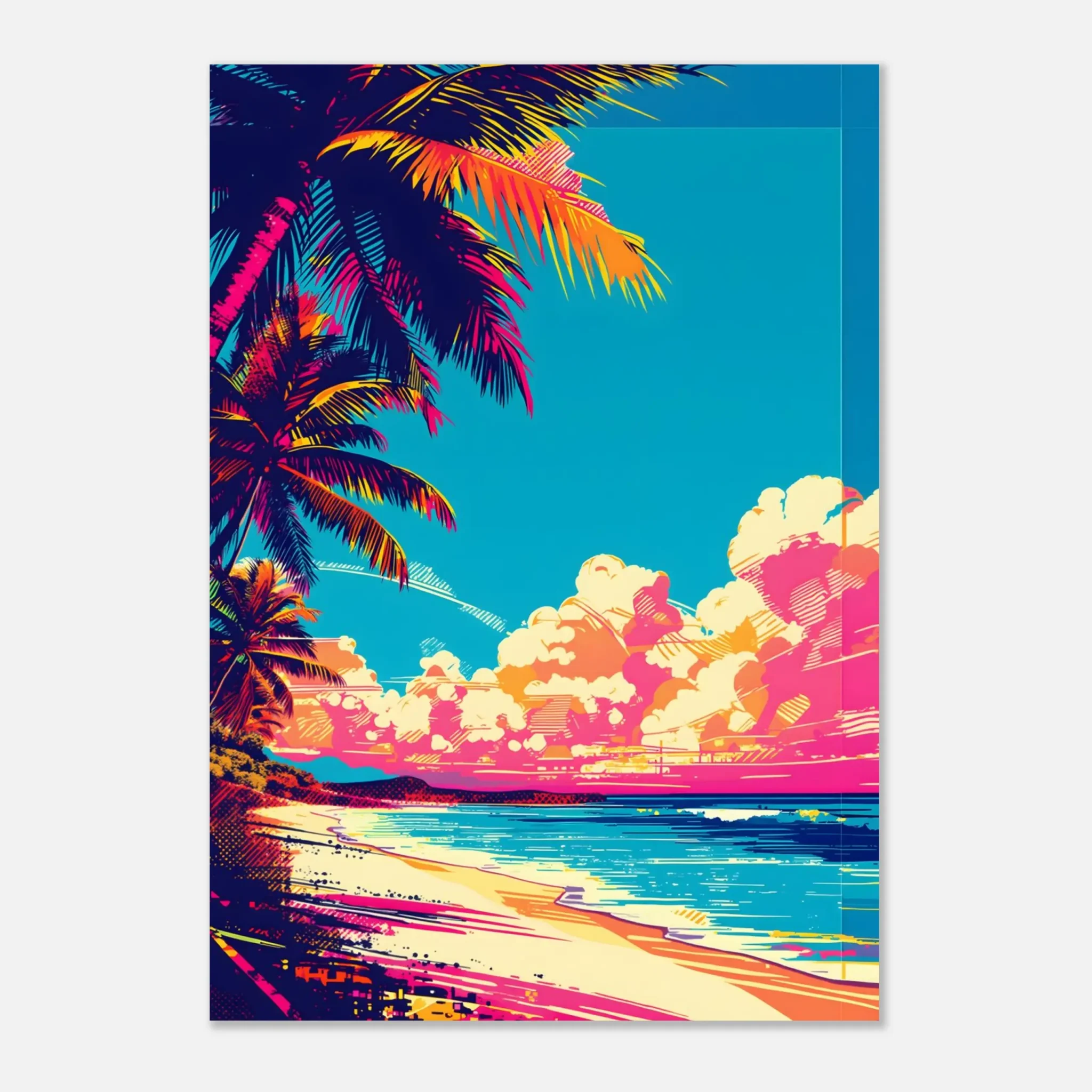 Tropical Beach Seascape wall art inspired by palm trees, coastal landscapes and open horizons. Printed and shipped within the EU.