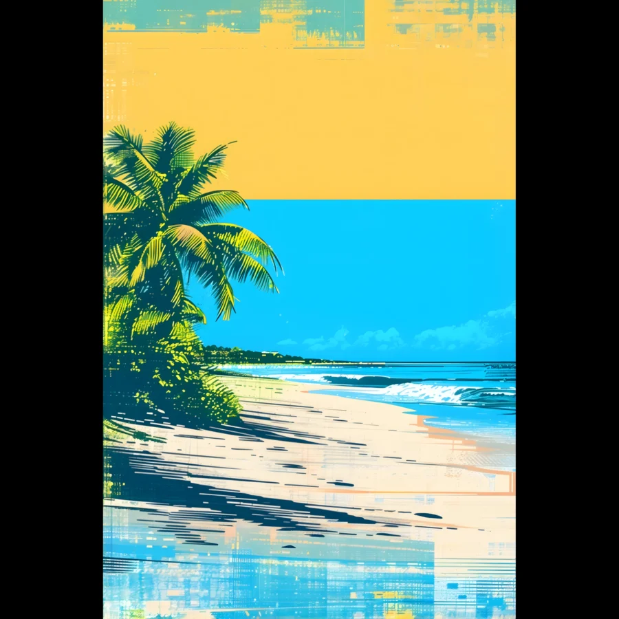 Azure Shoreline Tropical Seascape Art Print 1 Tropical Beach Seascape wall art inspired by palm trees, coastal landscapes and open horizons. Printed and shipped within the EU.