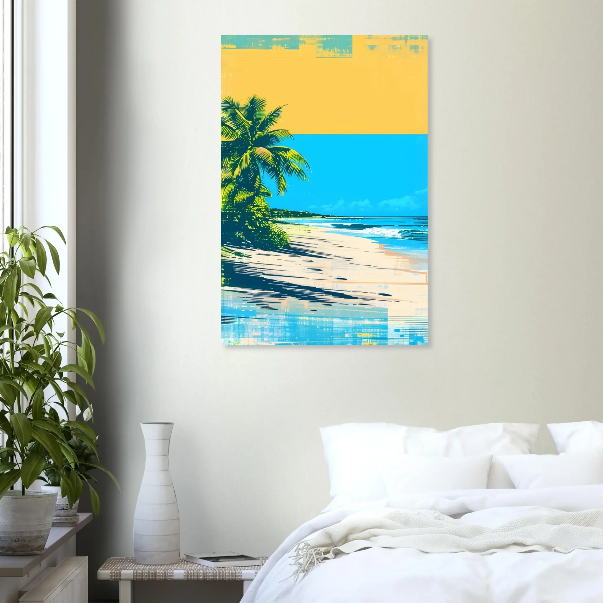 Tropical Beach Seascape wall art inspired by palm trees, coastal landscapes and open horizons. Printed and shipped within the EU.