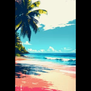 Tropical Beach Seascape wall art inspired by palm trees, coastal landscapes and open horizons. Fine Art Print, printed and shipped within the EU.