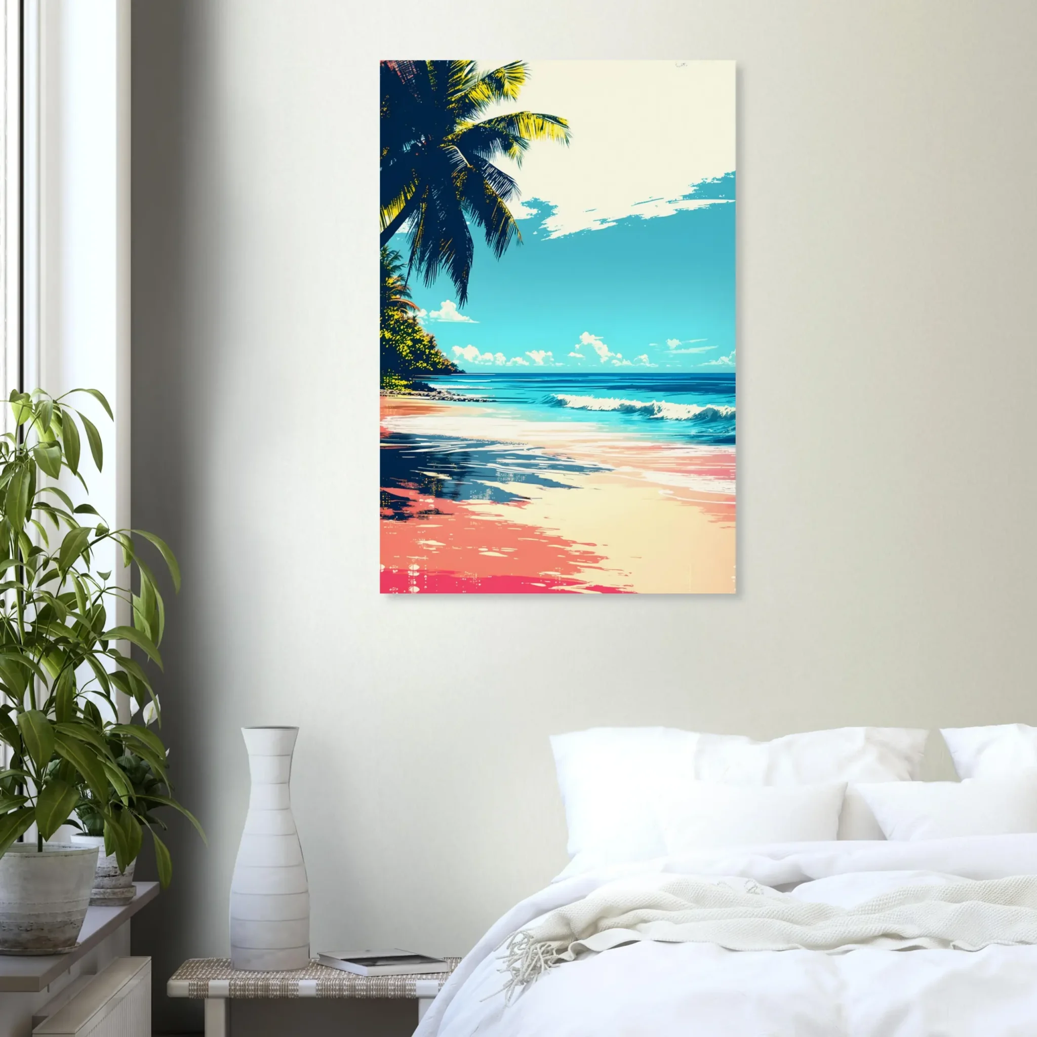 Tropical Beach Seascape wall art inspired by palm trees, coastal landscapes and open horizons. Fine Art Print, printed and shipped within the EU.