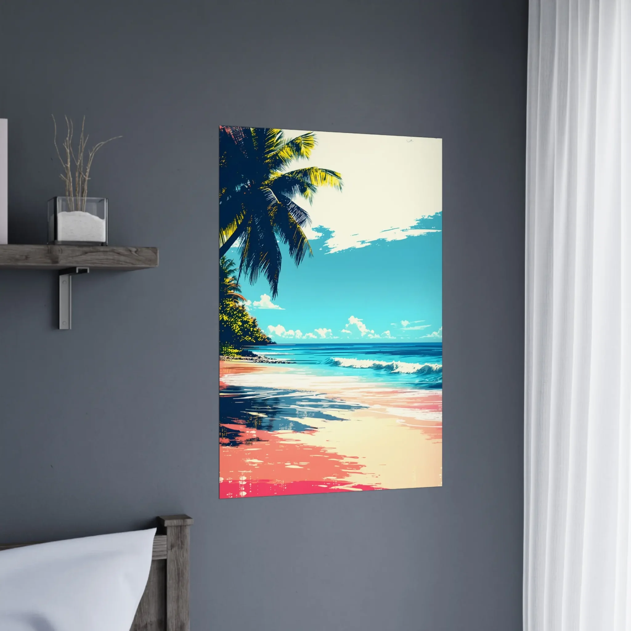 Tropical Beach Seascape wall art inspired by palm trees, coastal landscapes and open horizons. Fine Art Print, printed and shipped within the EU.