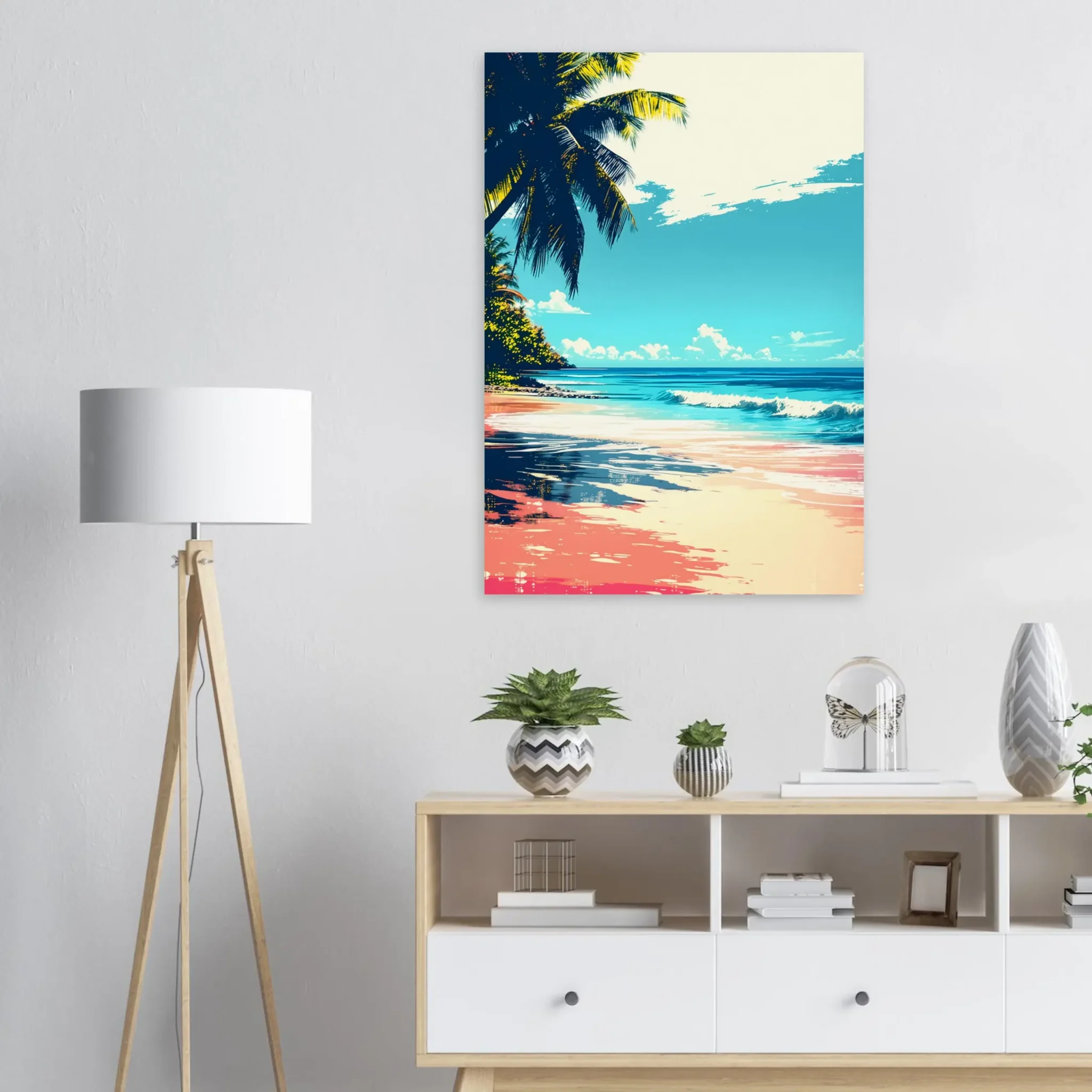 Tropical Beach Seascape wall art inspired by palm trees, coastal landscapes and open horizons. Fine Art Print, printed and shipped within the EU.