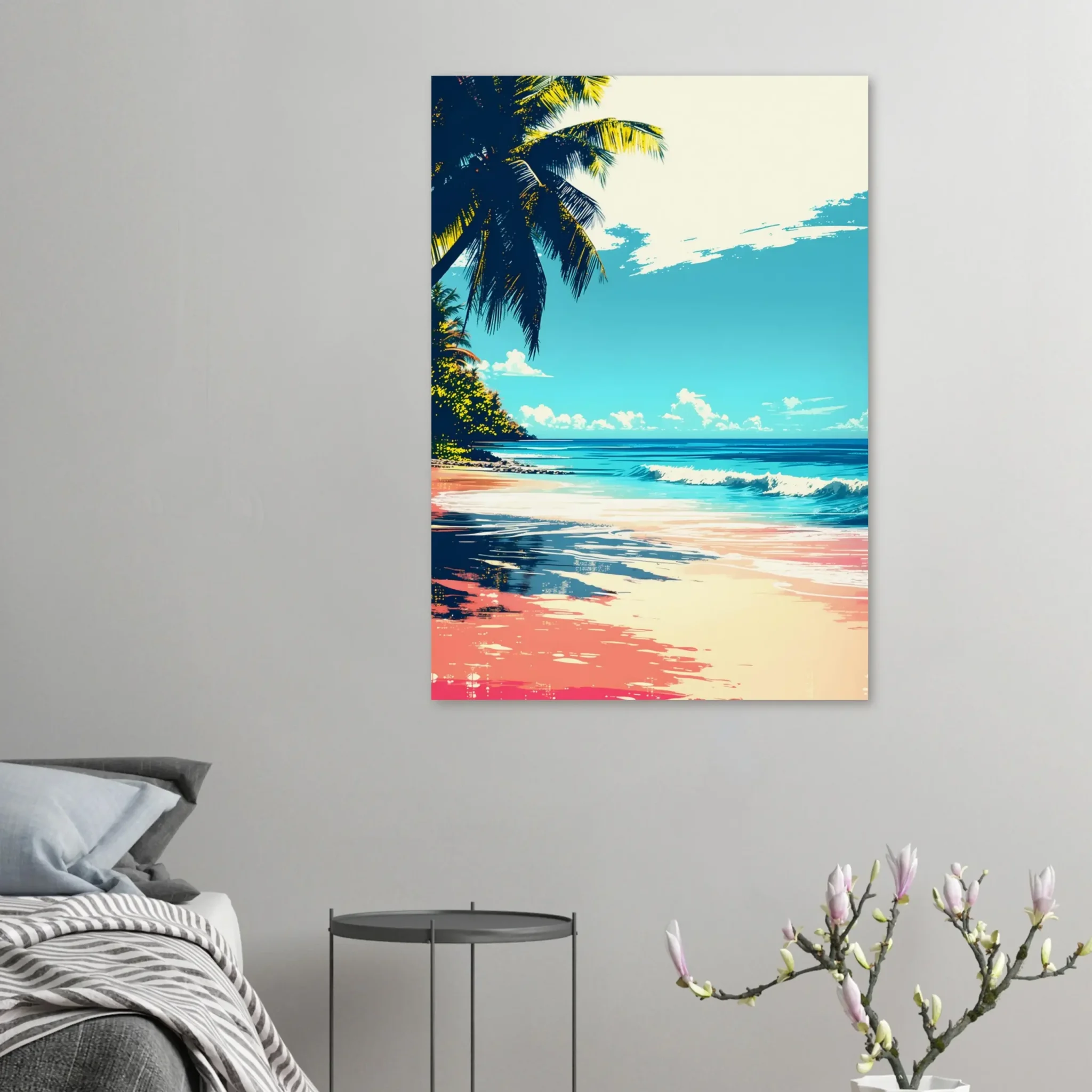 Tropical Beach Seascape wall art inspired by palm trees, coastal landscapes and open horizons. Fine Art Print, printed and shipped within the EU.