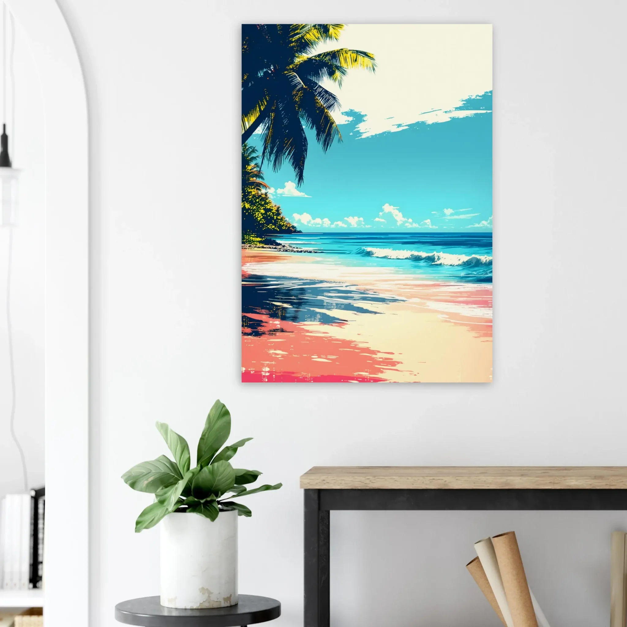 Tropical Beach Seascape wall art inspired by palm trees, coastal landscapes and open horizons. Fine Art Print, printed and shipped within the EU.