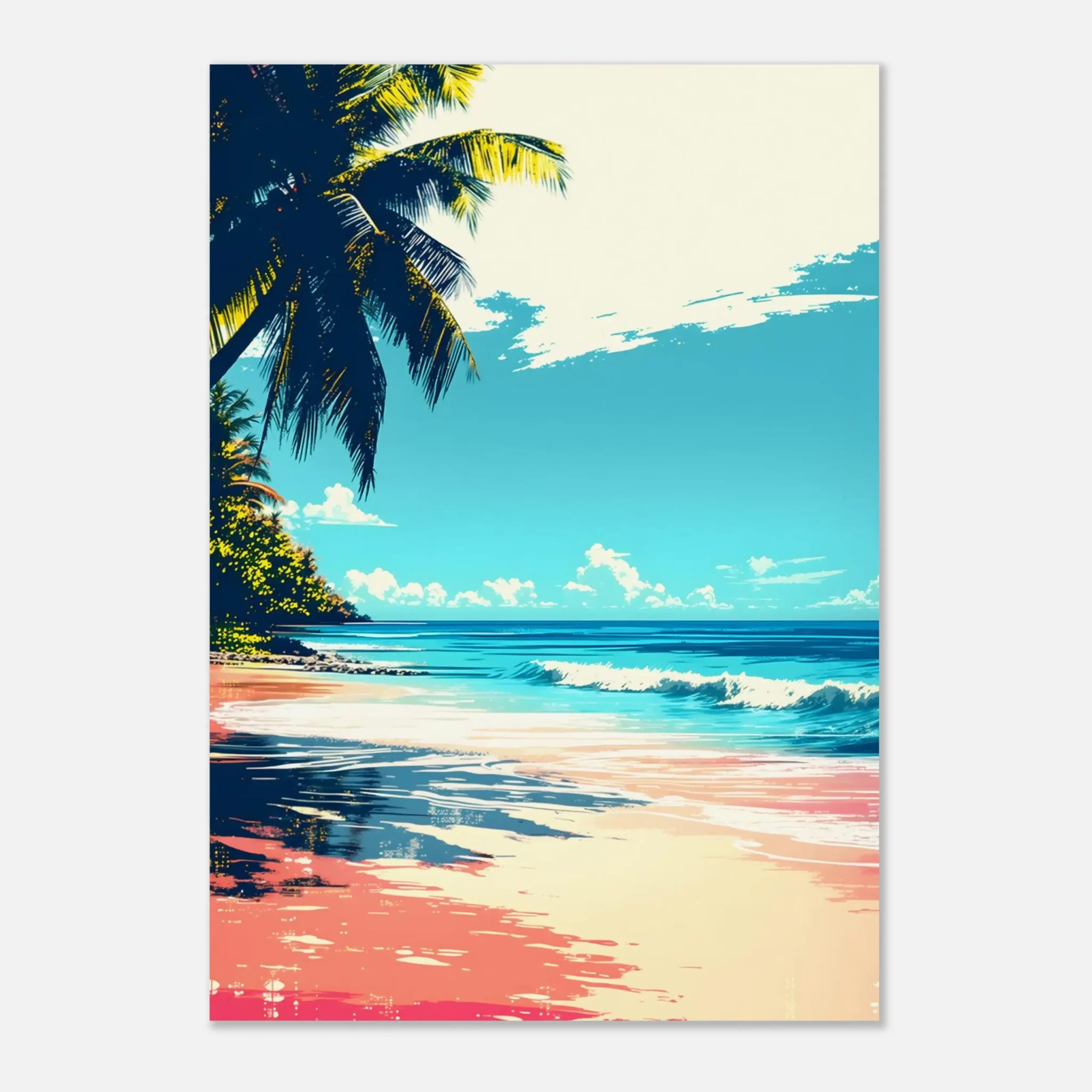 Tropical Beach Seascape wall art inspired by palm trees, coastal landscapes and open horizons. Fine Art Print, printed and shipped within the EU.