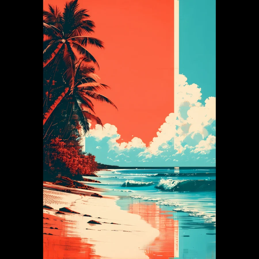 Coral Tide Tropical Seascape Art Print 1 Tropical Beach Seascape wall art inspired by palm trees, coastal landscapes and open horizons. Printed and shipped within the EU.