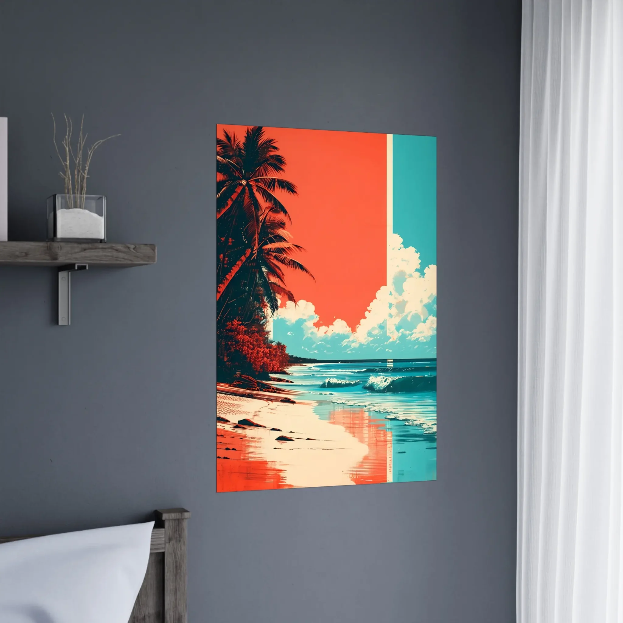 Tropical Beach Seascape wall art inspired by palm trees, coastal landscapes and open horizons. Printed and shipped within the EU.