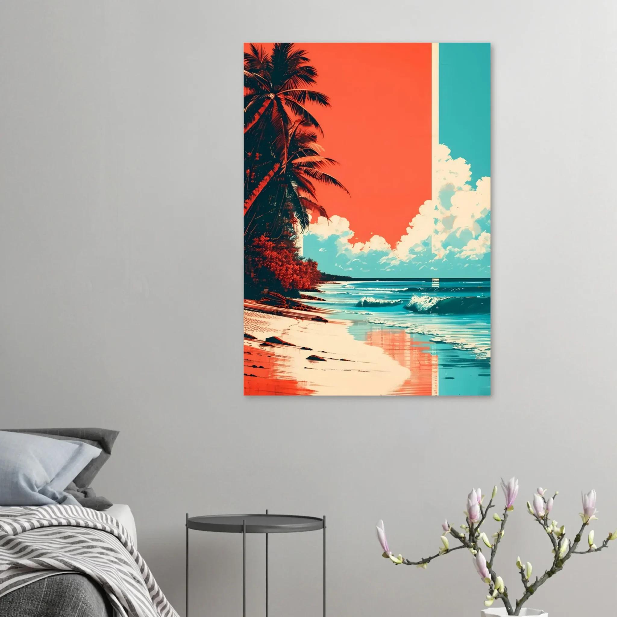 Tropical Beach Seascape wall art inspired by palm trees, coastal landscapes and open horizons. Printed and shipped within the EU.