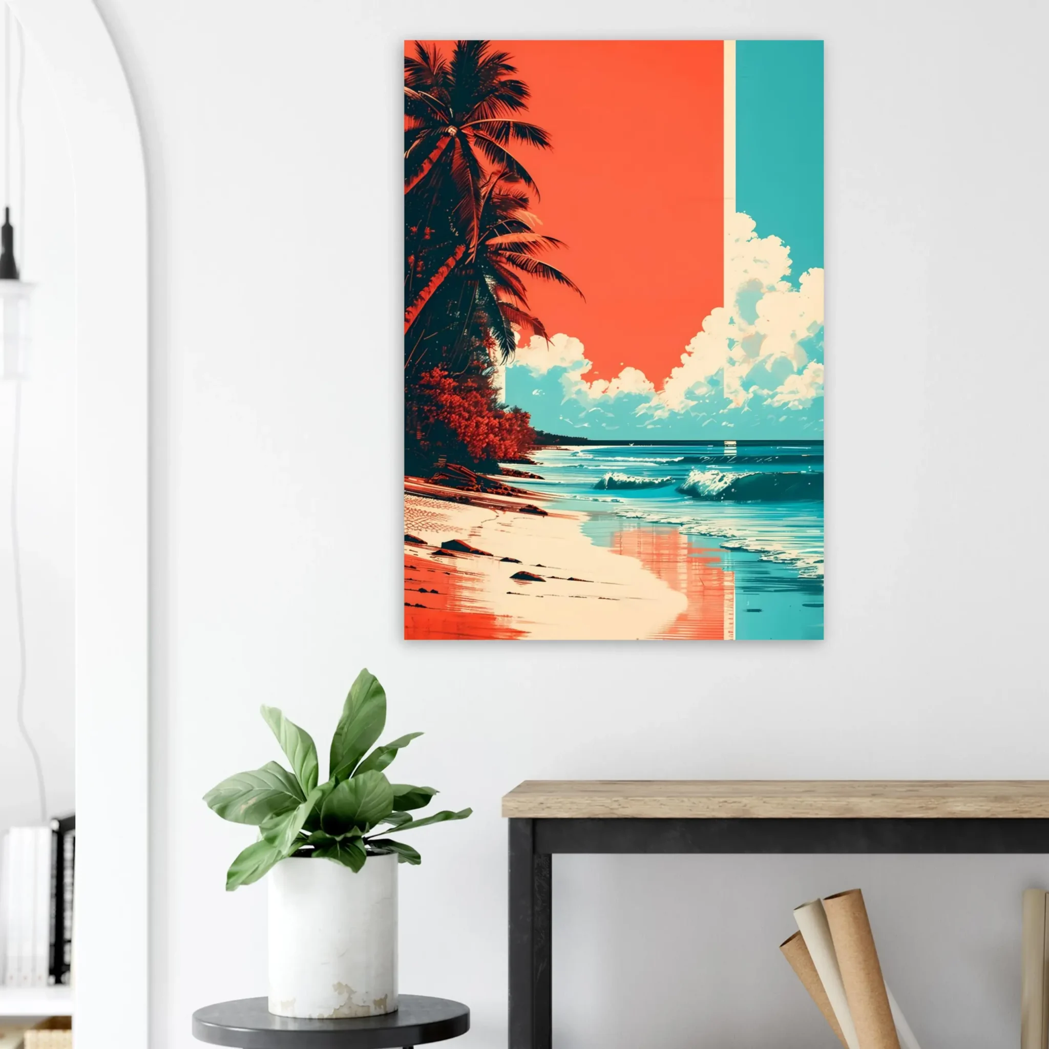 Tropical Beach Seascape wall art inspired by palm trees, coastal landscapes and open horizons. Printed and shipped within the EU.
