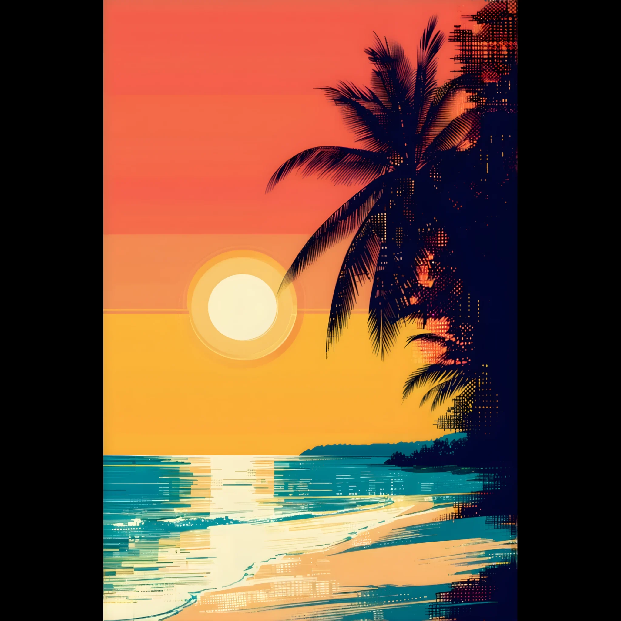 Tropical Beach Seascape wall art inspired by palm trees, coastal landscapes and open horizons. Printed and shipped within the EU.