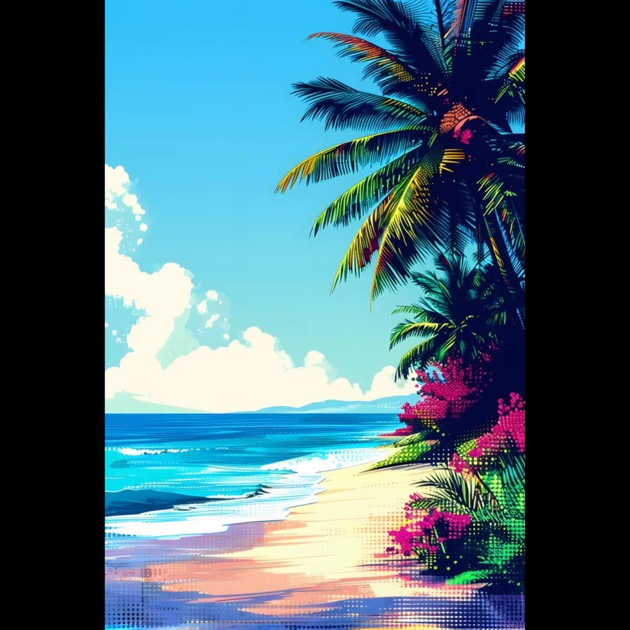 Lagoon Bloom Tropical Seascape Art Print 1 Tropical Beach Seascape wall art inspired by palm trees, coastal landscapes and open horizons. Printed and shipped within the EU.