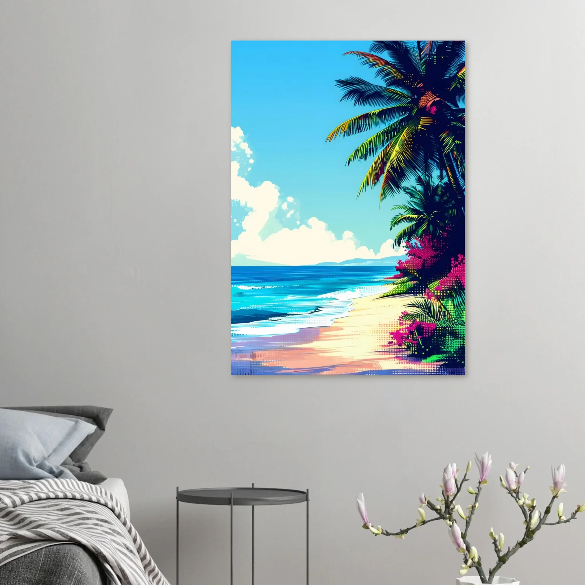 Tropical Beach Seascape wall art inspired by palm trees, coastal landscapes and open horizons. Printed and shipped within the EU.