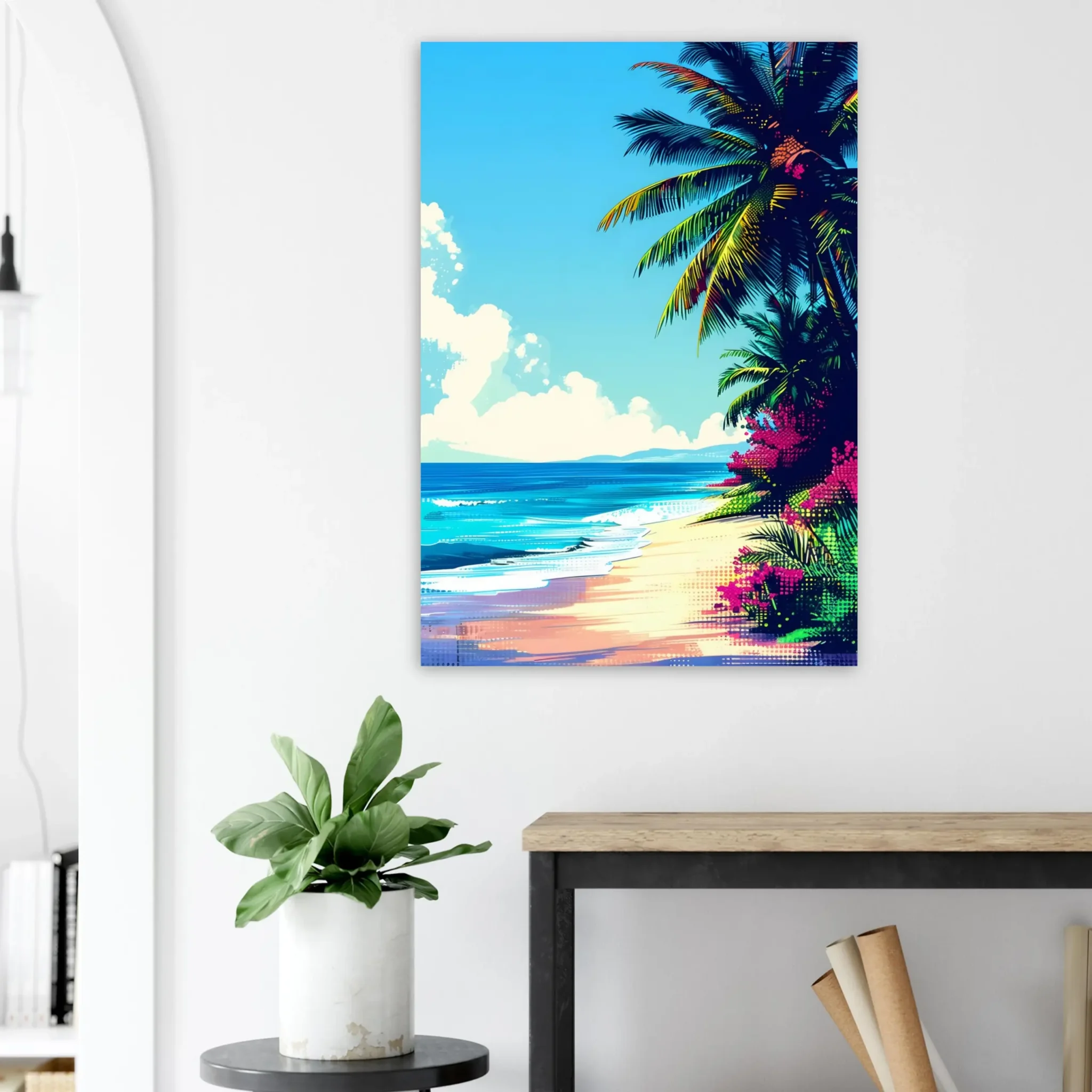 Tropical Beach Seascape wall art inspired by palm trees, coastal landscapes and open horizons. Printed and shipped within the EU.