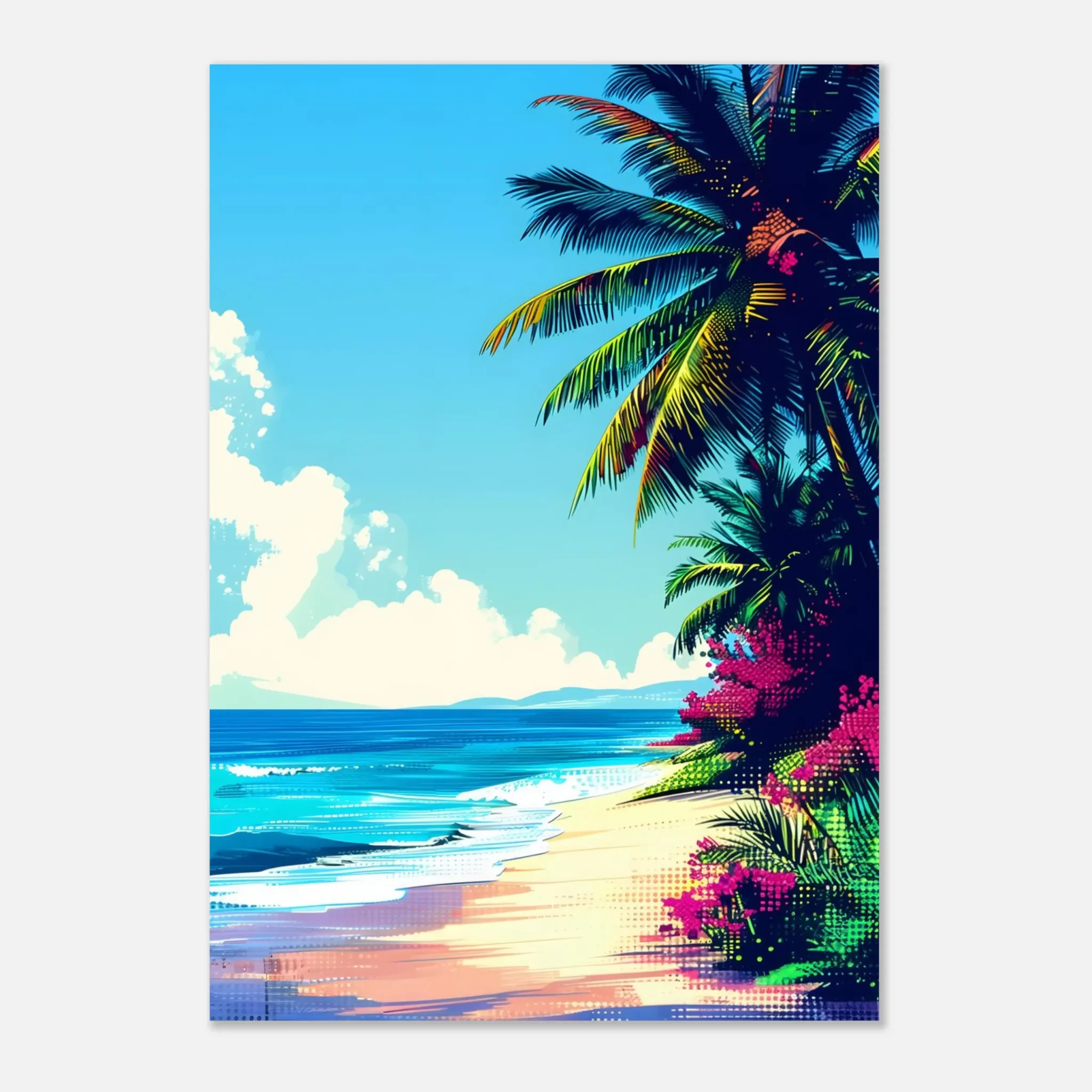 Tropical Beach Seascape wall art inspired by palm trees, coastal landscapes and open horizons. Printed and shipped within the EU.