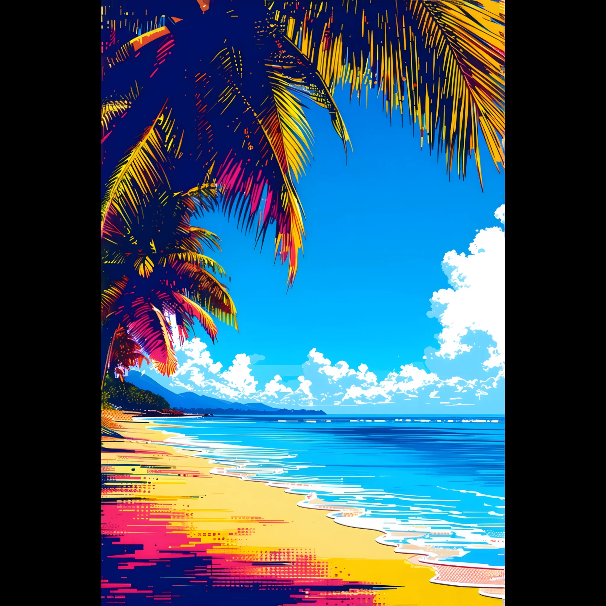 Tropical Beach Seascape wall art inspired by palm trees, coastal landscapes and open horizons. Printed and shipped within the EU.