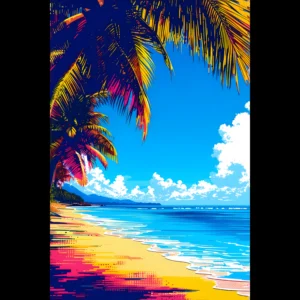 Luminous Palm Bay Tropical Seascape Art Print 1 Tropical Beach Seascape wall art inspired by palm trees, coastal landscapes and open horizons. Printed and shipped within the EU.