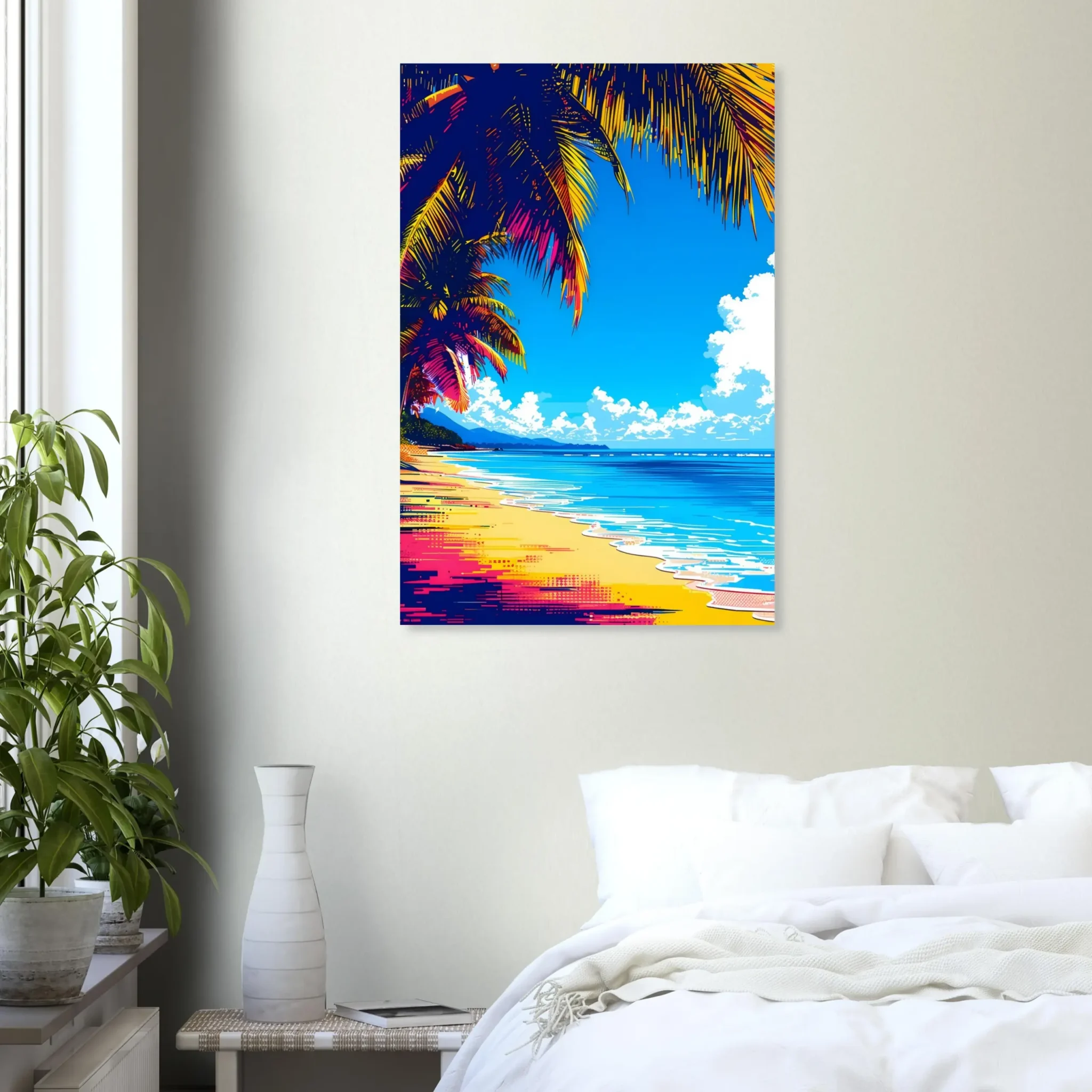 Tropical Beach Seascape wall art inspired by palm trees, coastal landscapes and open horizons. Printed and shipped within the EU.