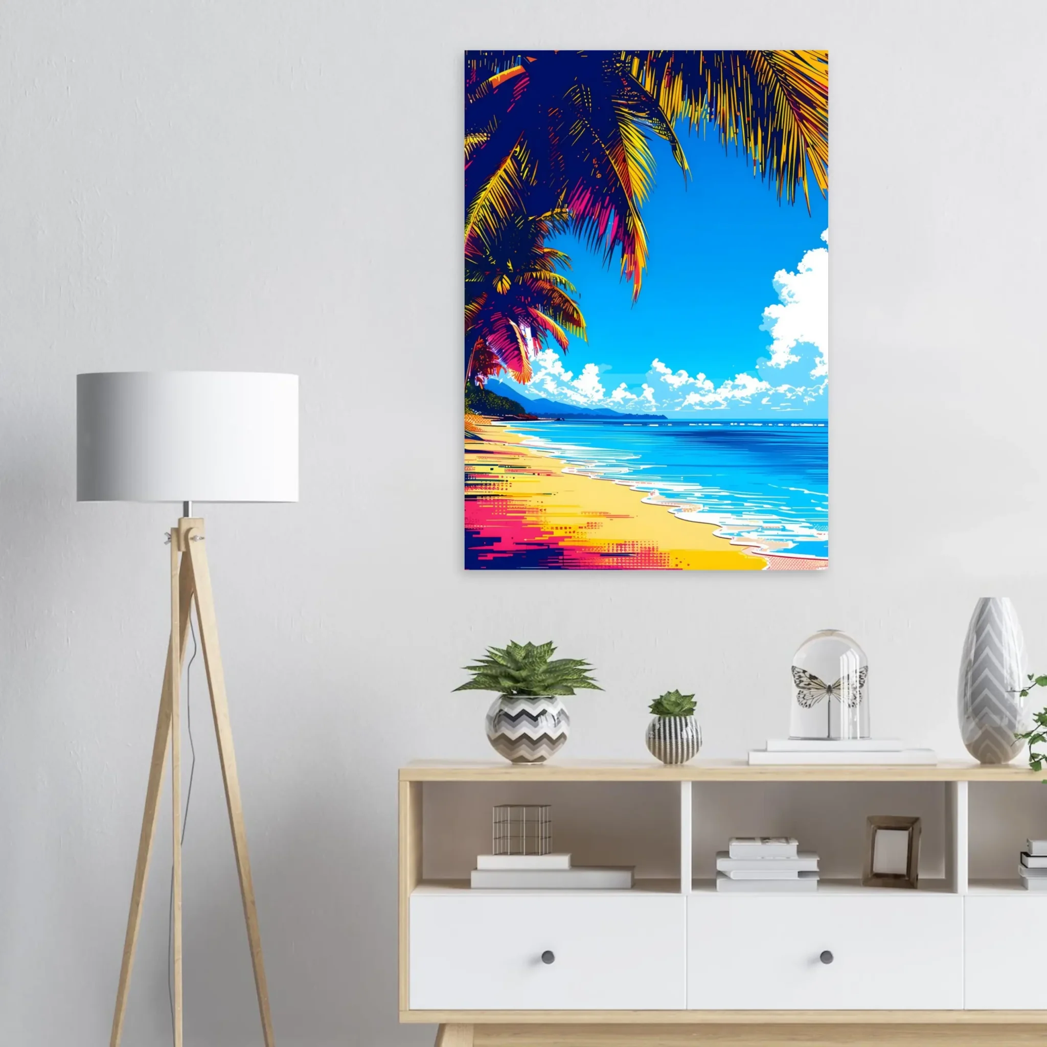 Tropical Beach Seascape wall art inspired by palm trees, coastal landscapes and open horizons. Printed and shipped within the EU.