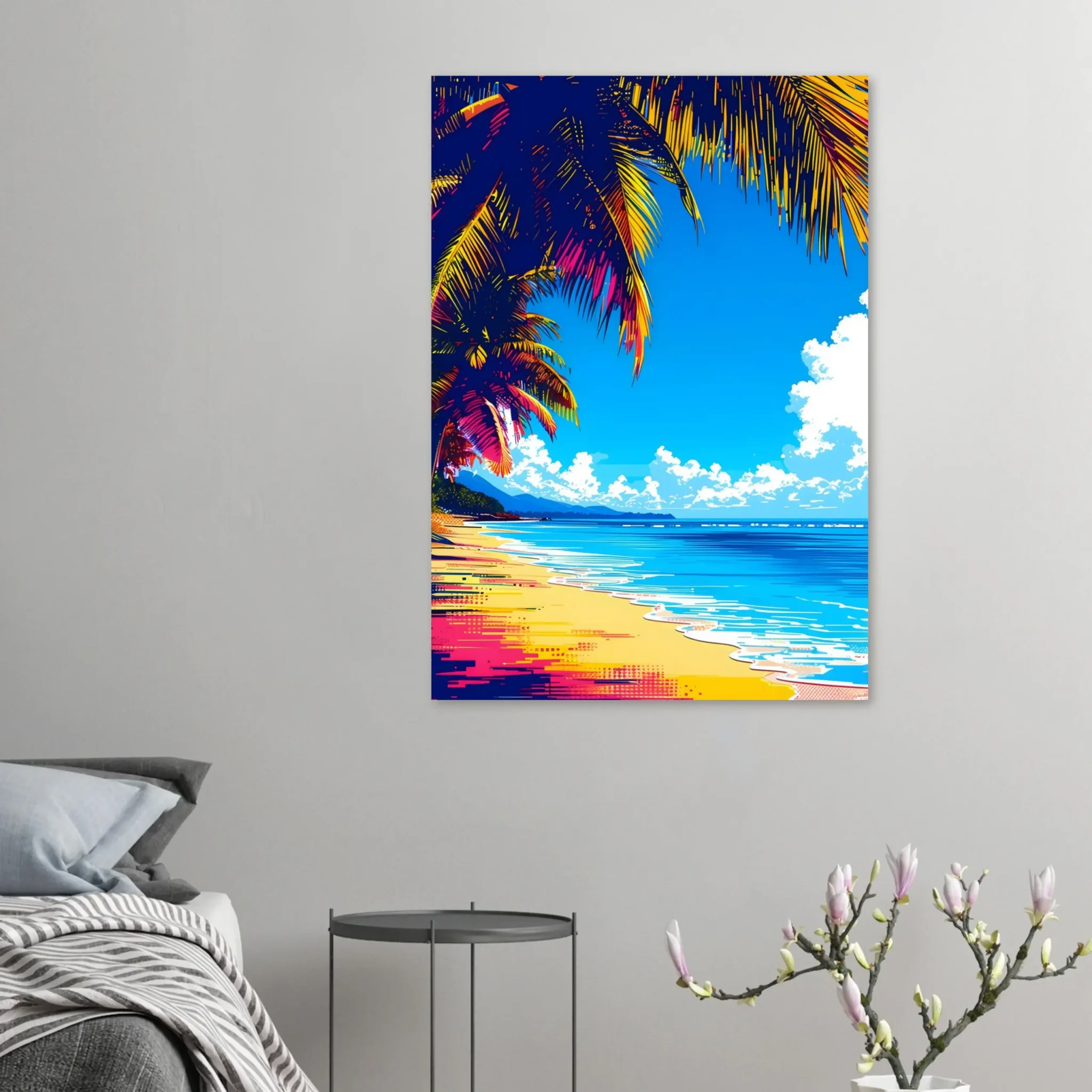 Tropical Beach Seascape wall art inspired by palm trees, coastal landscapes and open horizons. Printed and shipped within the EU.