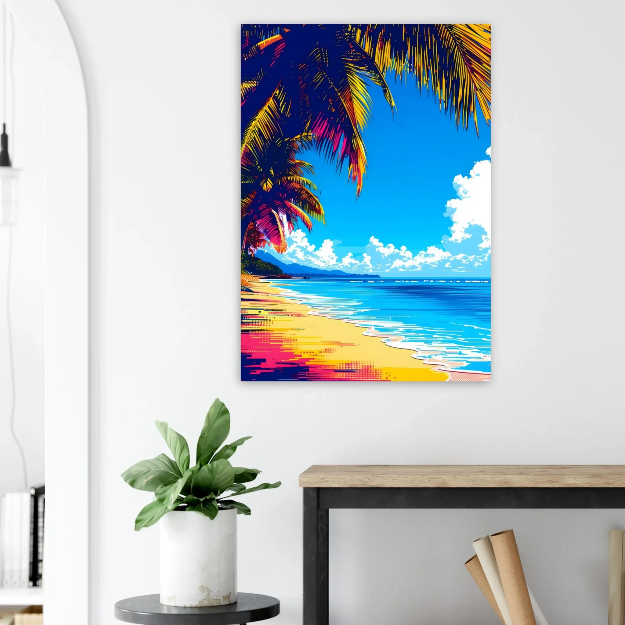 Tropical Beach Seascape wall art inspired by palm trees, coastal landscapes and open horizons. Printed and shipped within the EU.