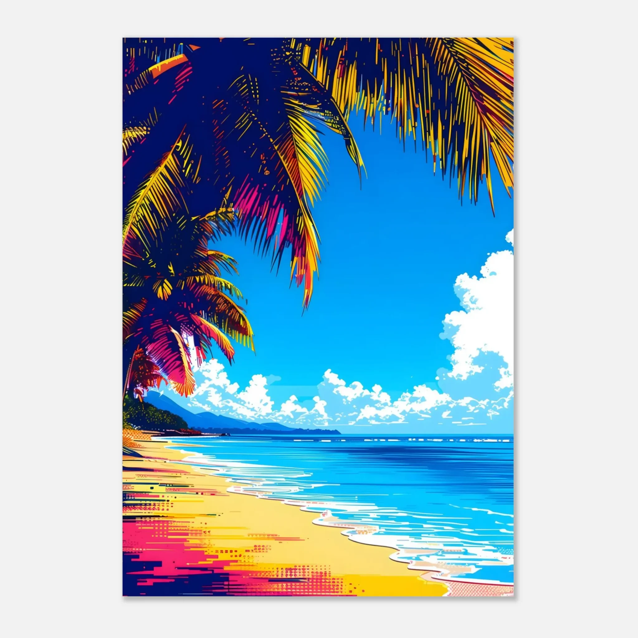 Tropical Beach Seascape wall art inspired by palm trees, coastal landscapes and open horizons. Printed and shipped within the EU.