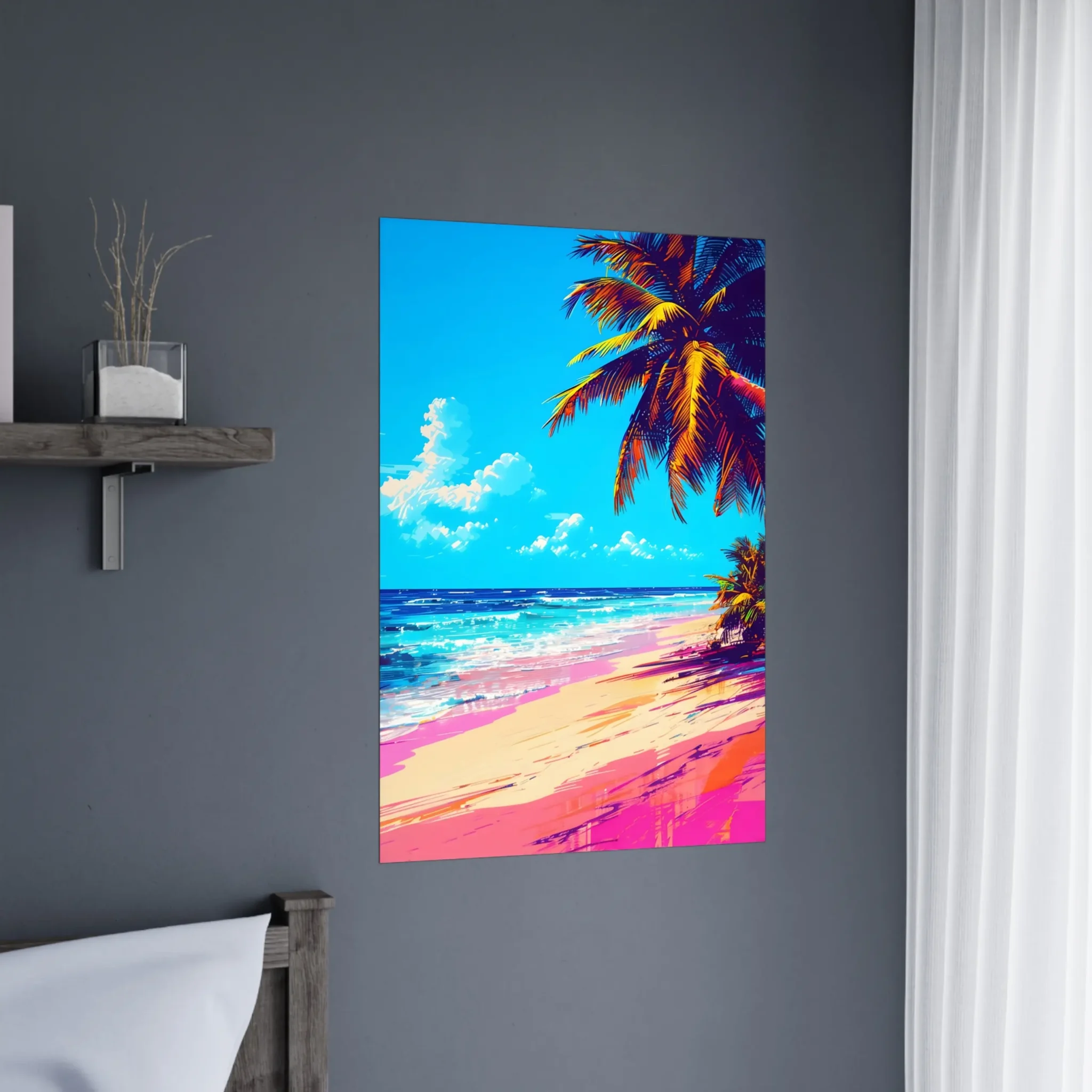 Tropical Beach Seascape wall art inspired by palm trees, coastal landscapes and open horizons. Printed and shipped within the EU.