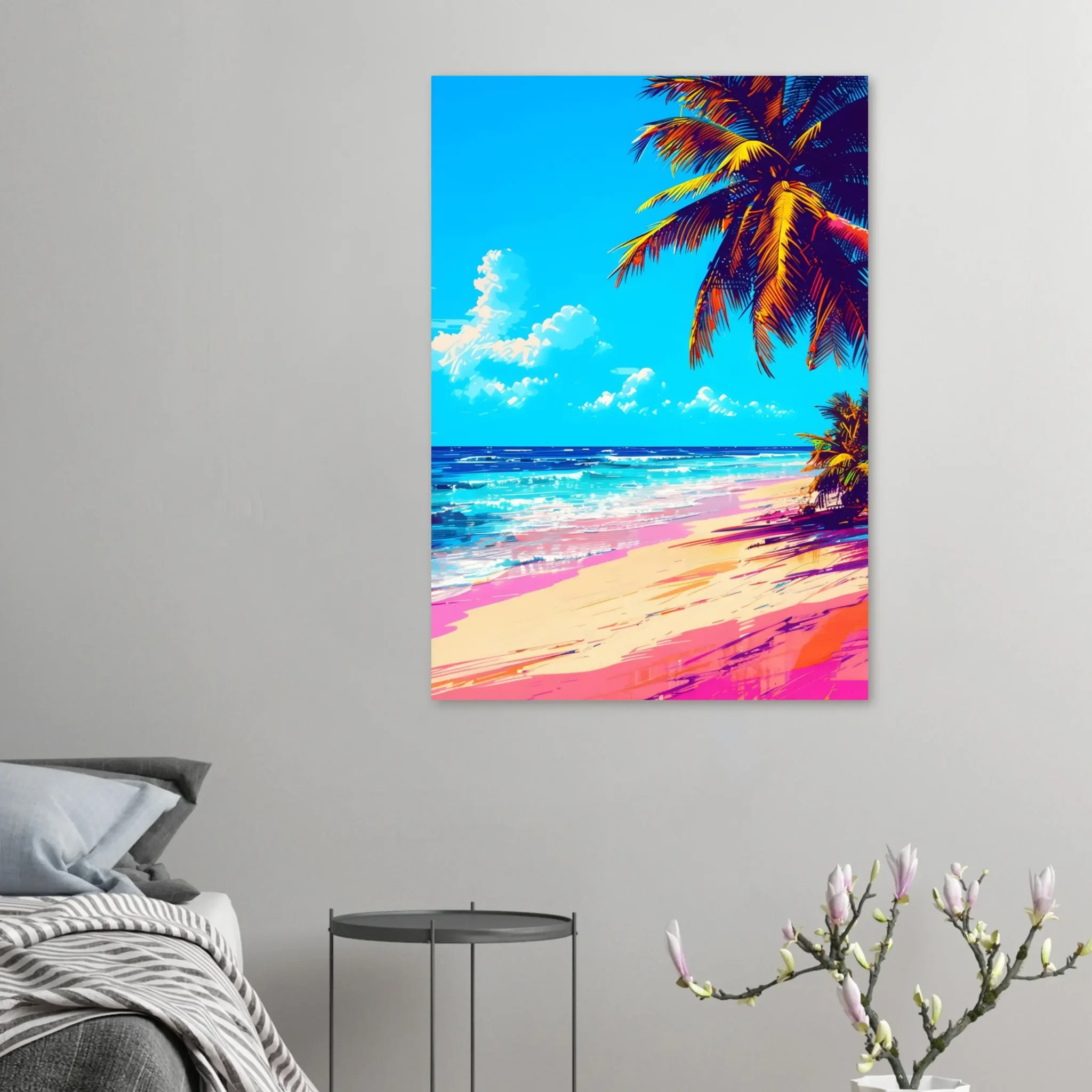 Tropical Beach Seascape wall art inspired by palm trees, coastal landscapes and open horizons. Printed and shipped within the EU.
