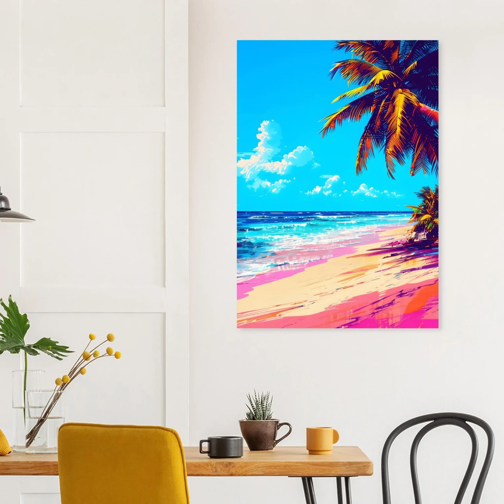 Tropical Beach Seascape wall art inspired by palm trees, coastal landscapes and open horizons. Printed and shipped within the EU.