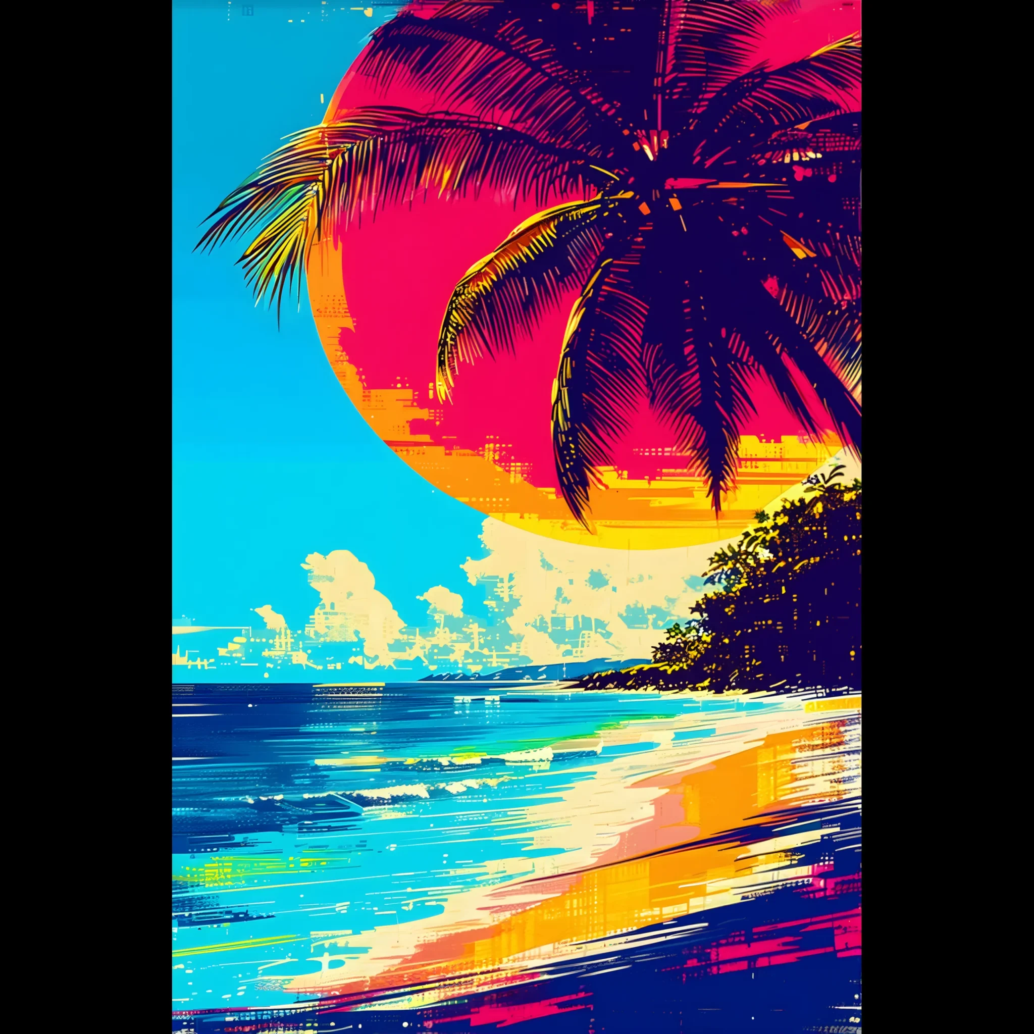 Tropical Beach Seascape wall art inspired by palm trees, coastal landscapes and open horizons. Printed and shipped within the EU.