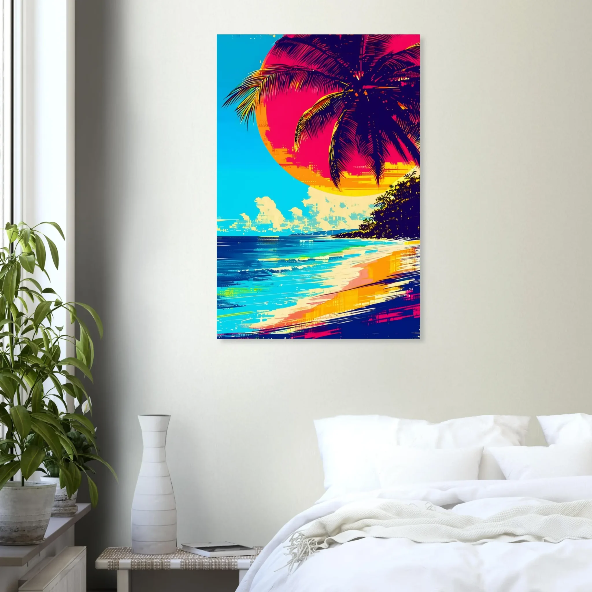 Tropical Beach Seascape wall art inspired by palm trees, coastal landscapes and open horizons. Printed and shipped within the EU.