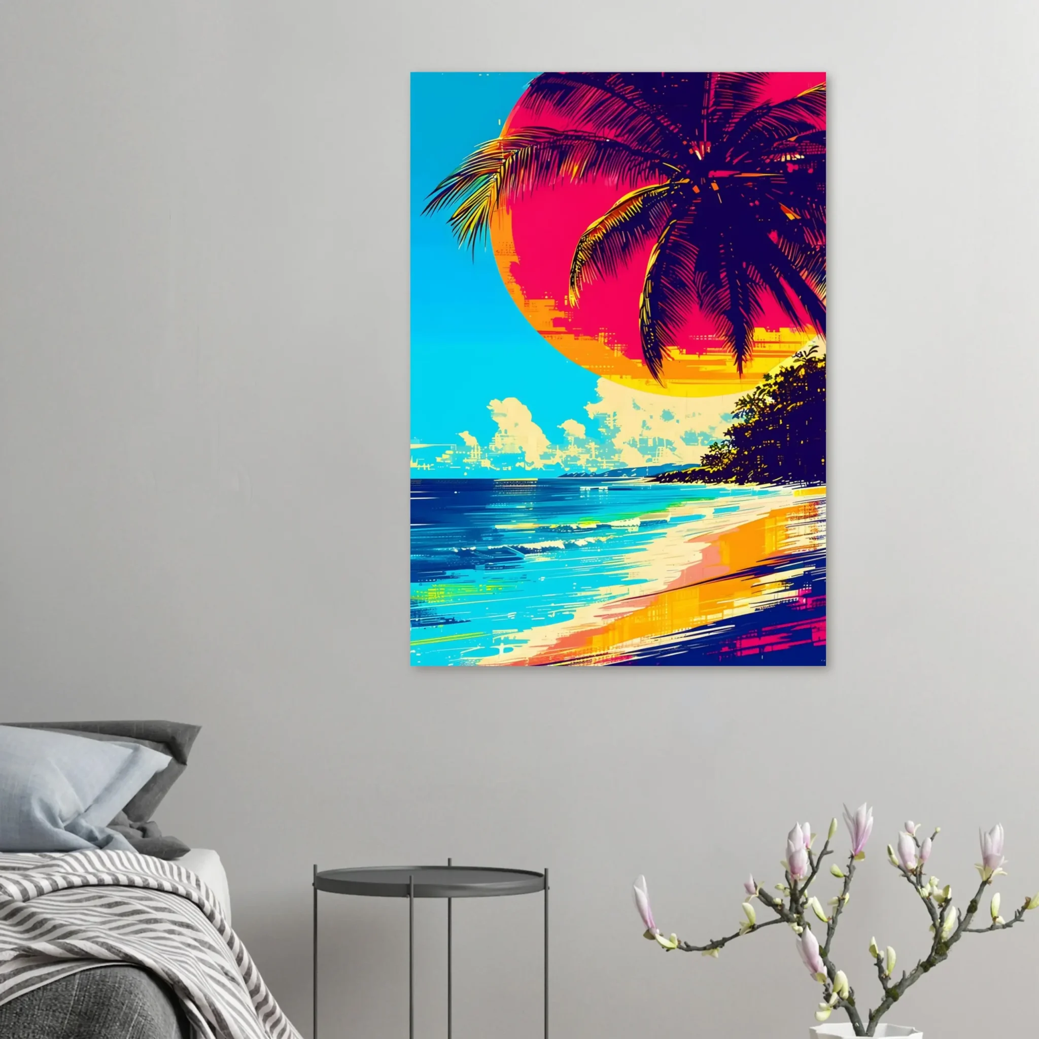 Tropical Beach Seascape wall art inspired by palm trees, coastal landscapes and open horizons. Printed and shipped within the EU.