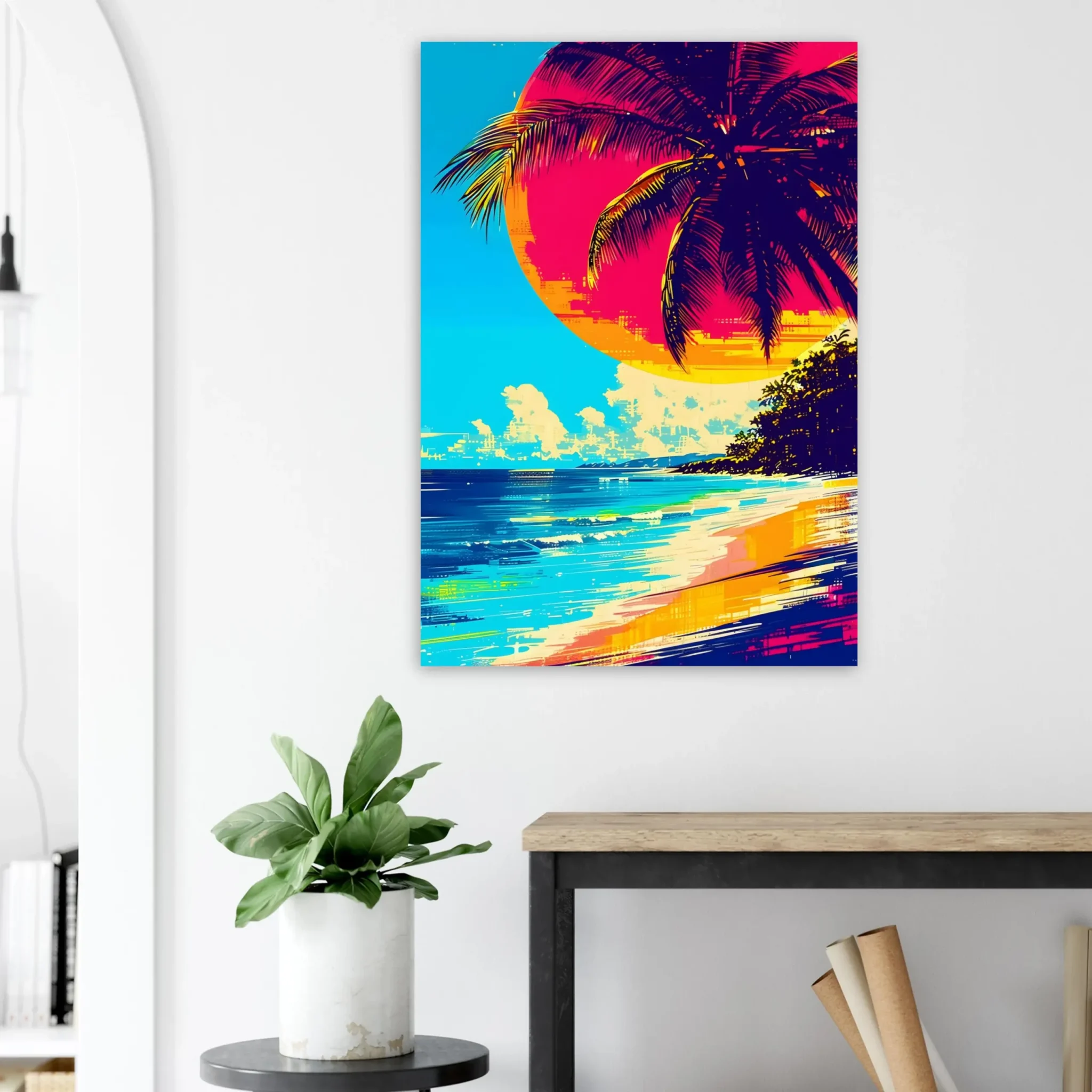 Tropical Beach Seascape wall art inspired by palm trees, coastal landscapes and open horizons. Printed and shipped within the EU.