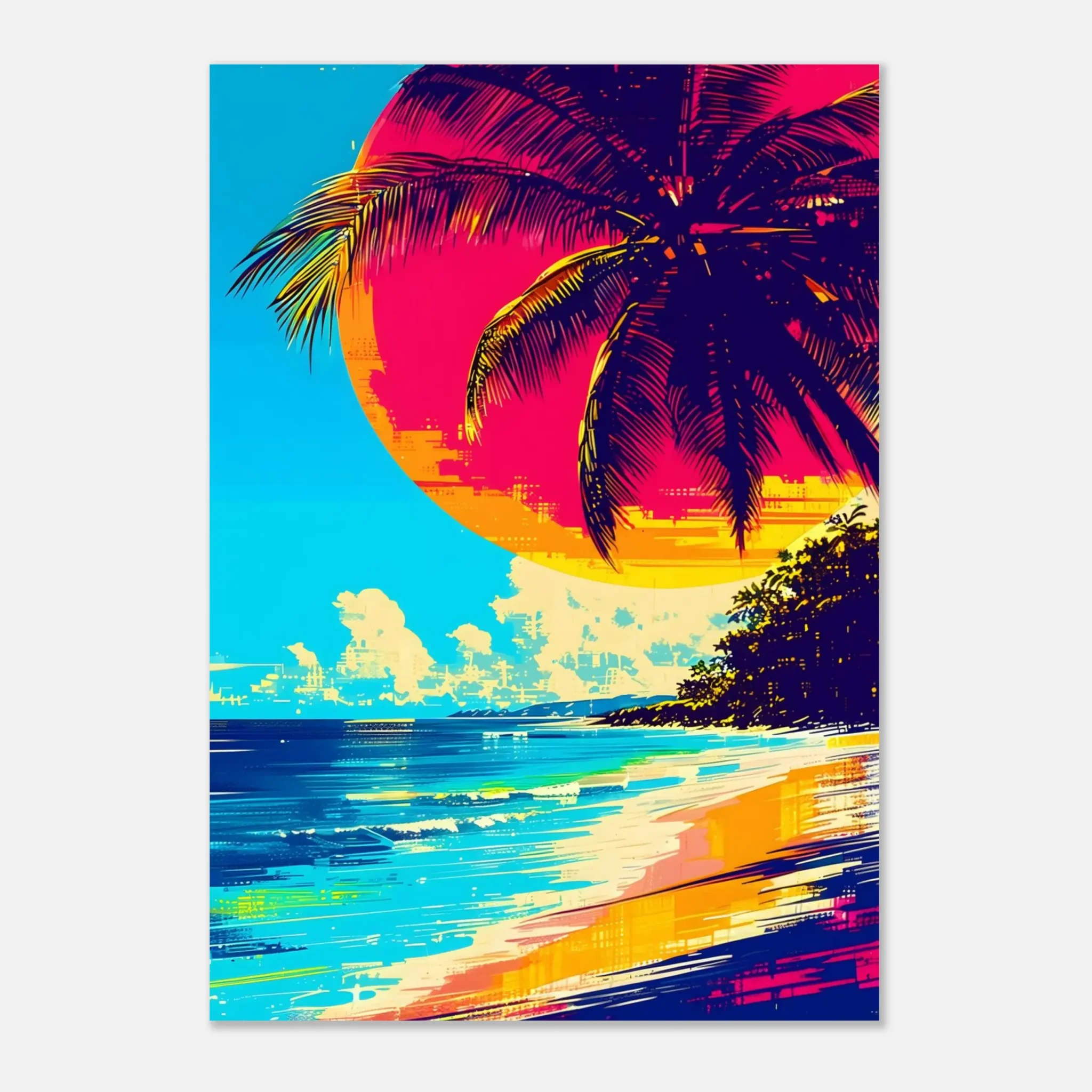 Tropical Beach Seascape wall art inspired by palm trees, coastal landscapes and open horizons. Printed and shipped within the EU.