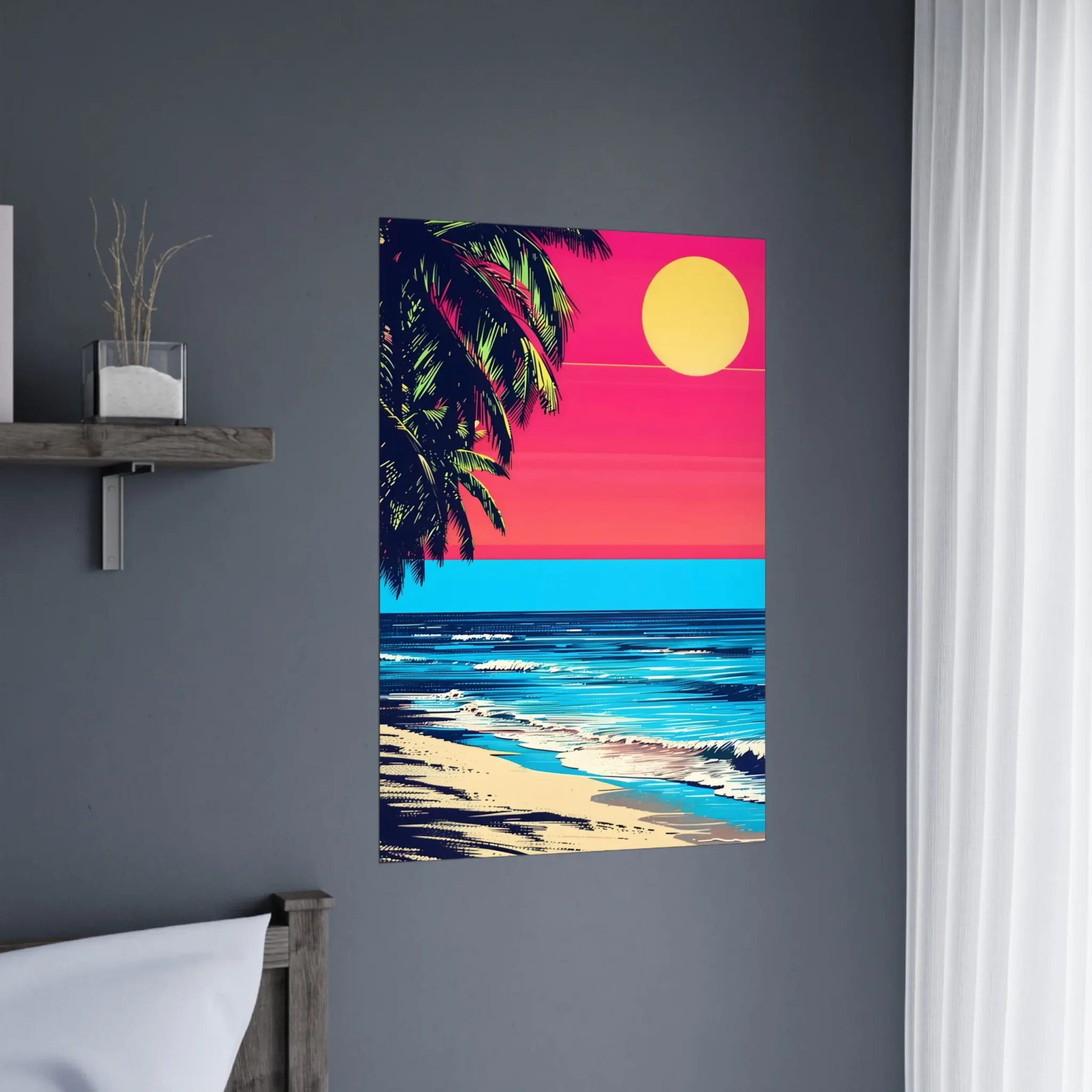 Tropical Beach Seascape wall art inspired by palm trees, coastal landscapes and open horizons. Printed and shipped within the EU.