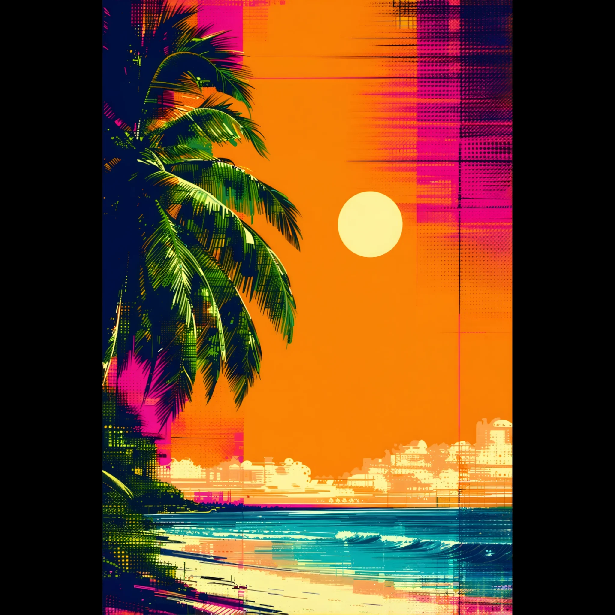 Tropical Beach Seascape wall art inspired by palm trees, coastal landscapes and open horizons. Printed and shipped within the EU.