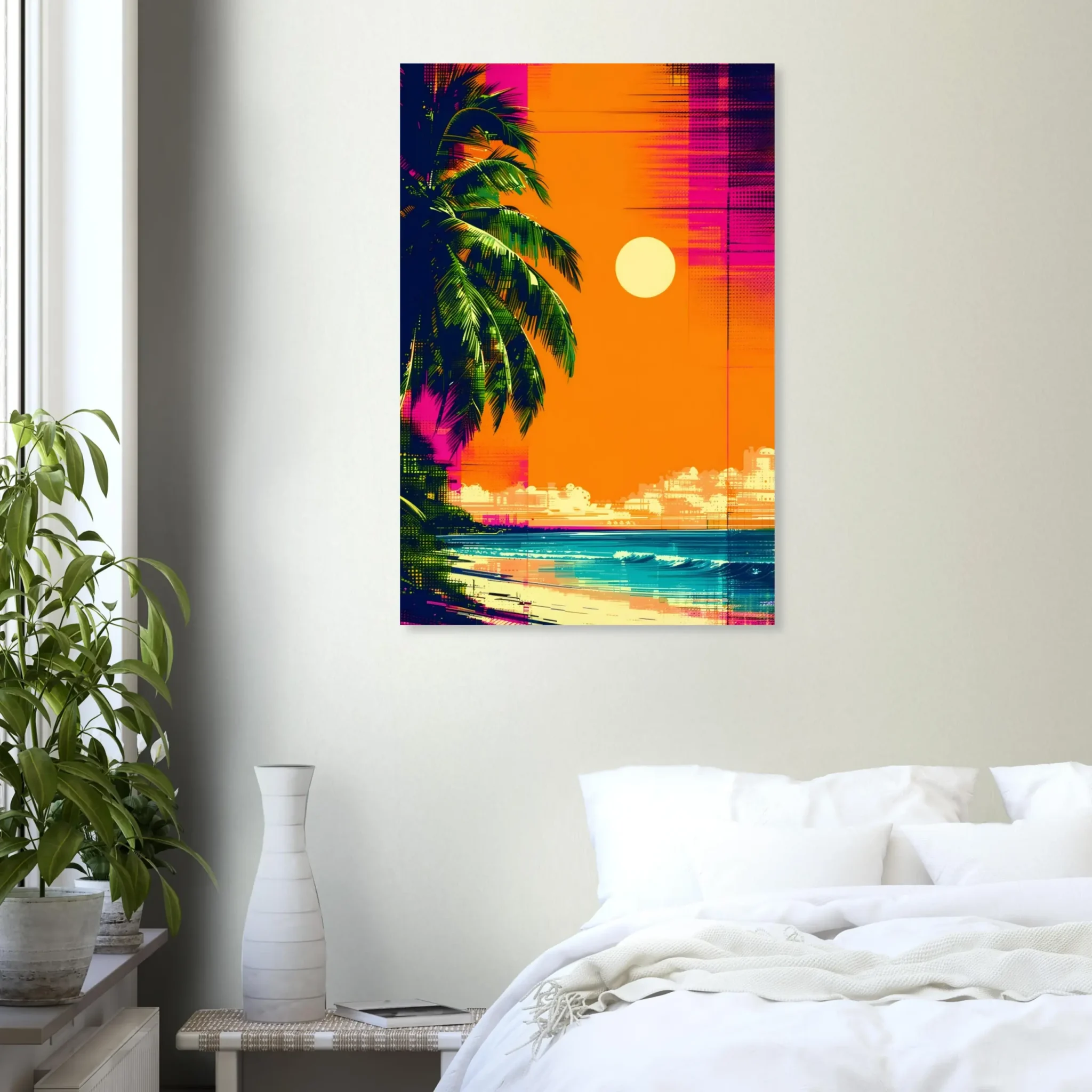 Tropical Beach Seascape wall art inspired by palm trees, coastal landscapes and open horizons. Printed and shipped within the EU.