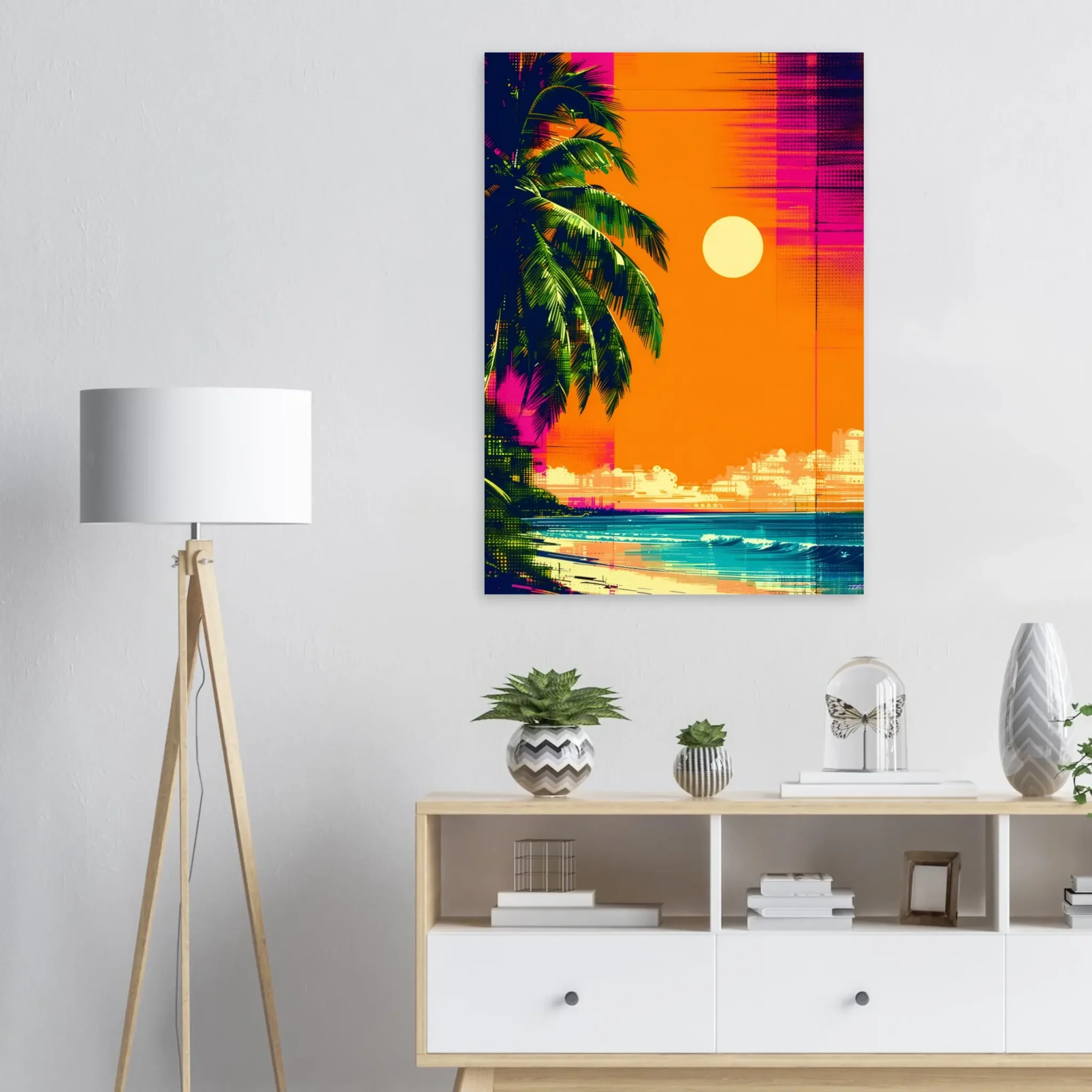 Tropical Beach Seascape wall art inspired by palm trees, coastal landscapes and open horizons. Printed and shipped within the EU.