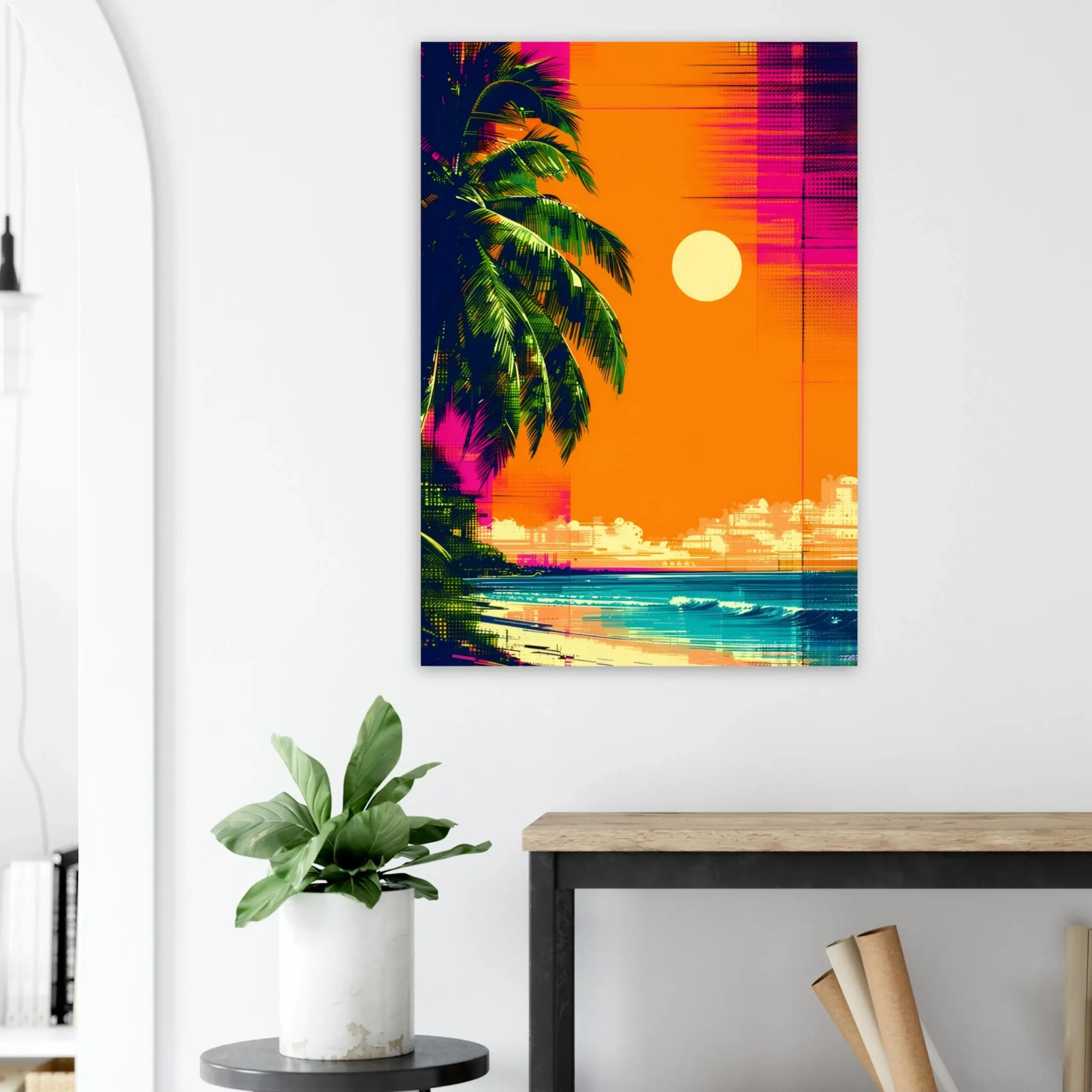 Tropical Beach Seascape wall art inspired by palm trees, coastal landscapes and open horizons. Printed and shipped within the EU.