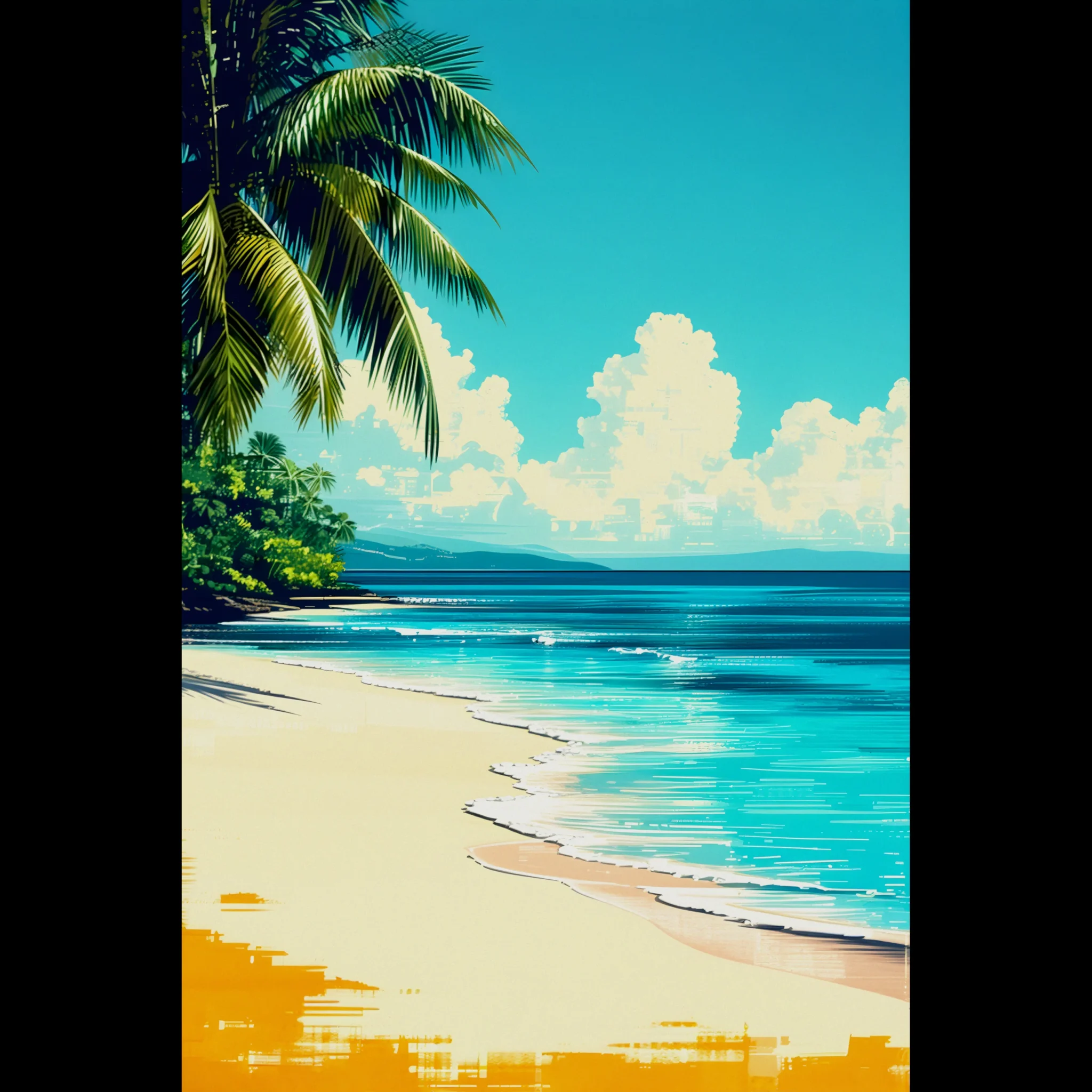 Tropical Beach Seascape wall art inspired by palm trees, coastal landscapes and open horizons. Fine Art Print, printed and shipped within the EU.