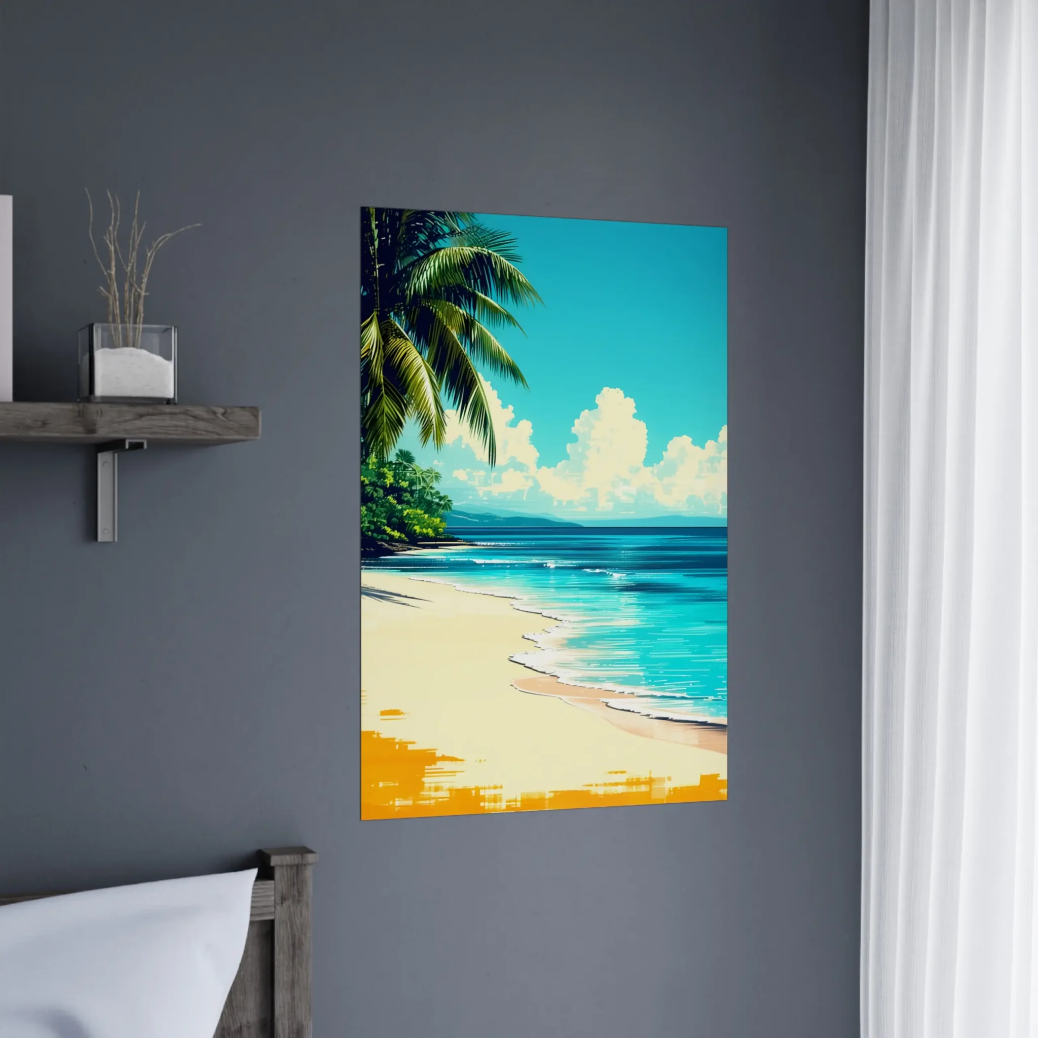 Tropical Beach Seascape wall art inspired by palm trees, coastal landscapes and open horizons. Fine Art Print, printed and shipped within the EU.