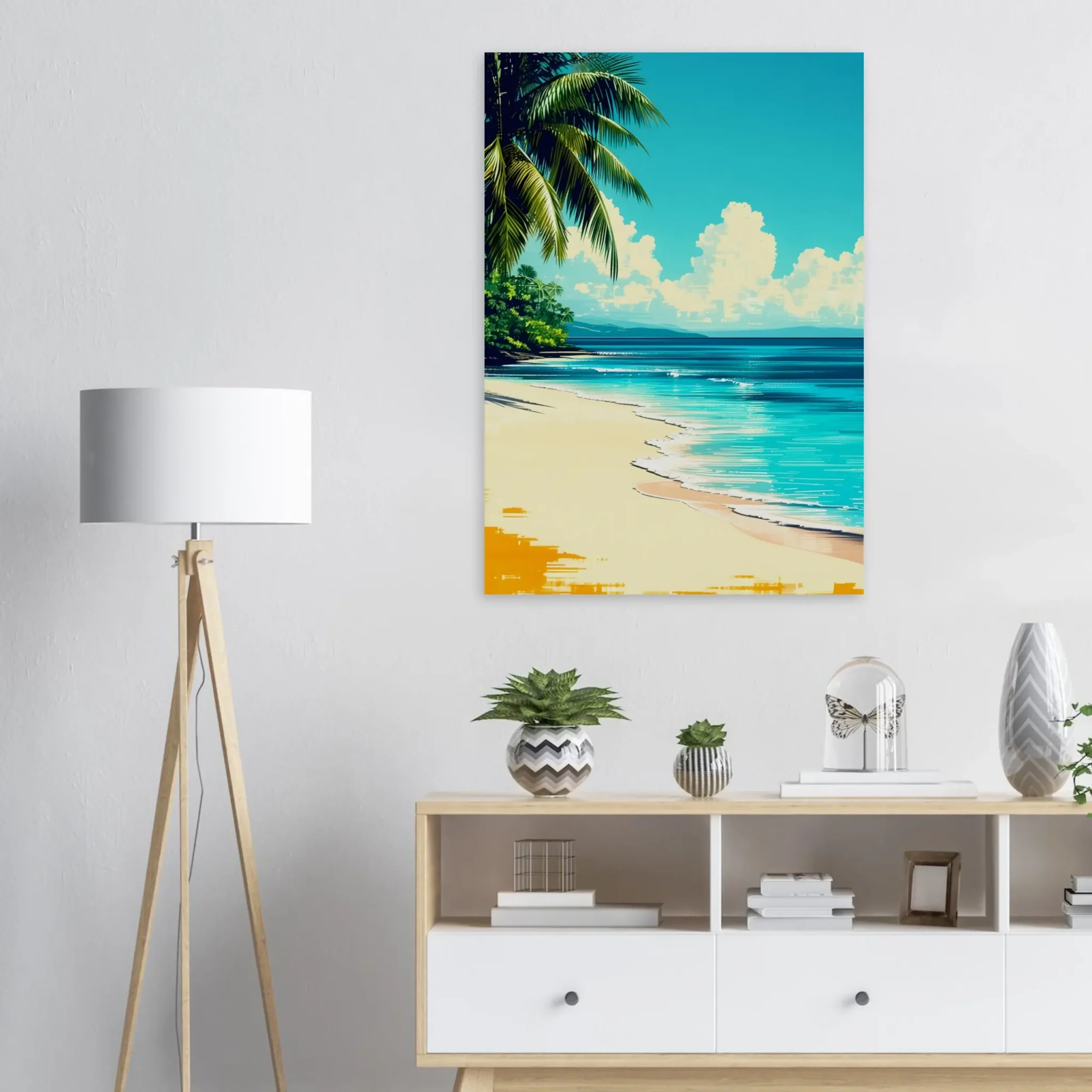 Tropical Beach Seascape wall art inspired by palm trees, coastal landscapes and open horizons. Fine Art Print, printed and shipped within the EU.