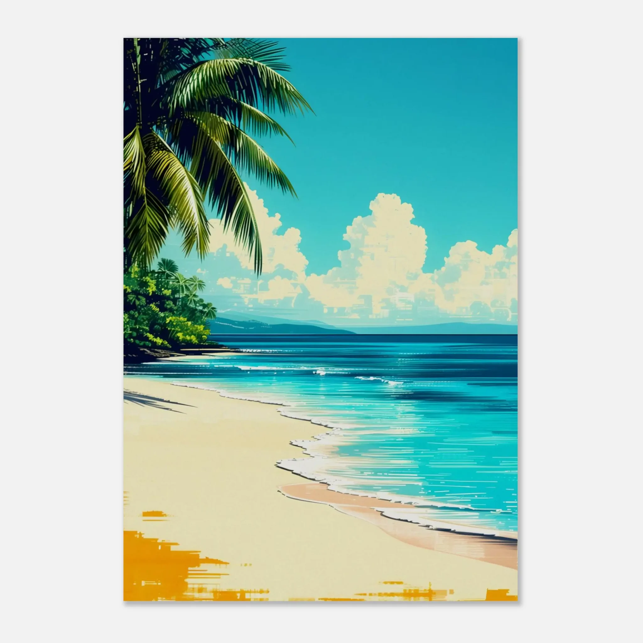 Tropical Beach Seascape wall art inspired by palm trees, coastal landscapes and open horizons. Fine Art Print, printed and shipped within the EU.