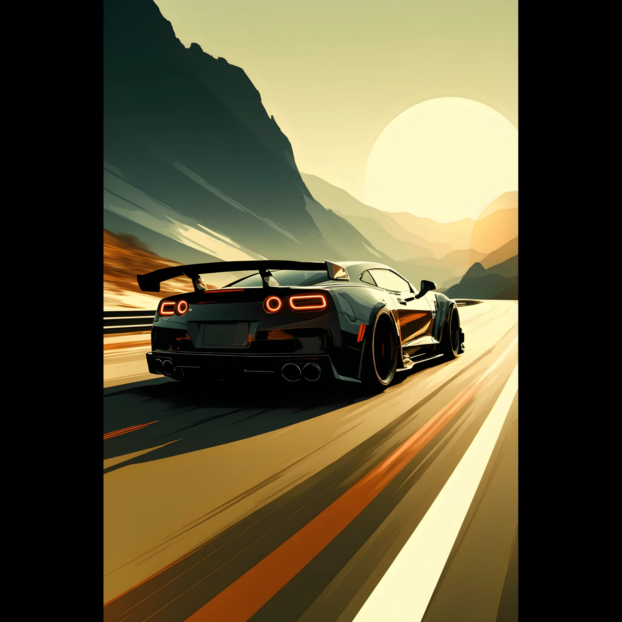 Car Art Sunset Landscape wall art that explores the visual relationship between the car, the road, and the horizon. Fine Art Print, printed in the EU.