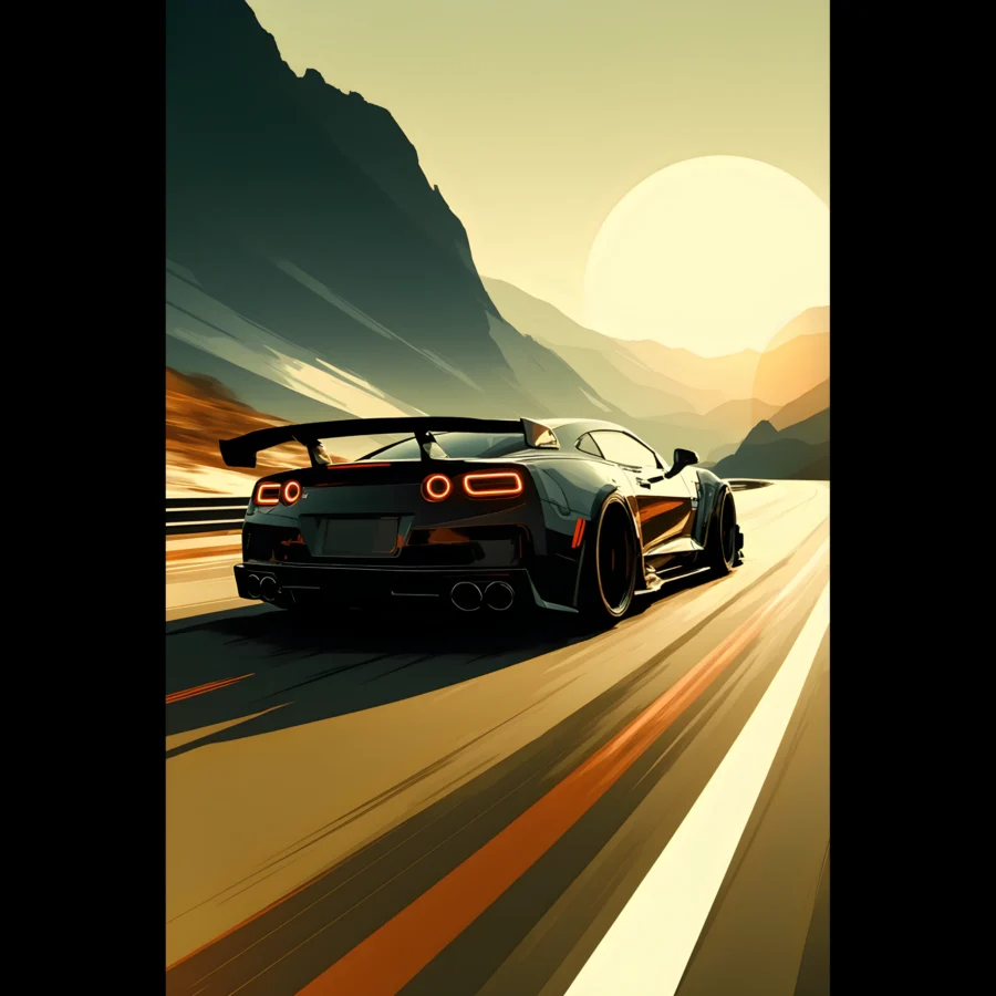 Car Art Sunset Landscape wall art that explores the visual relationship between the car, the road, and the horizon. Fine Art Print, printed in the EU.