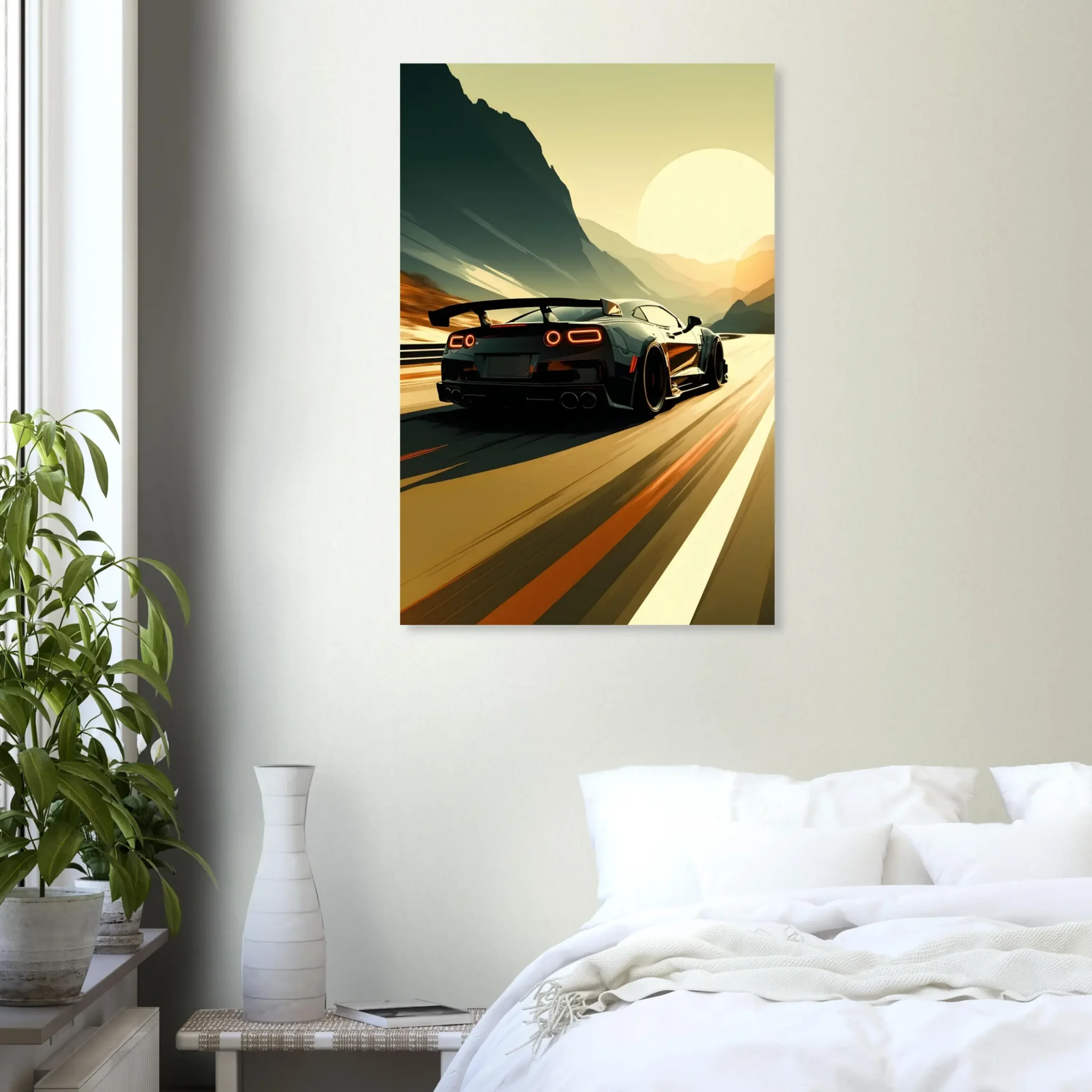 Car Art Sunset Landscape wall art that explores the visual relationship between the car, the road, and the horizon. Fine Art Print, printed in the EU.